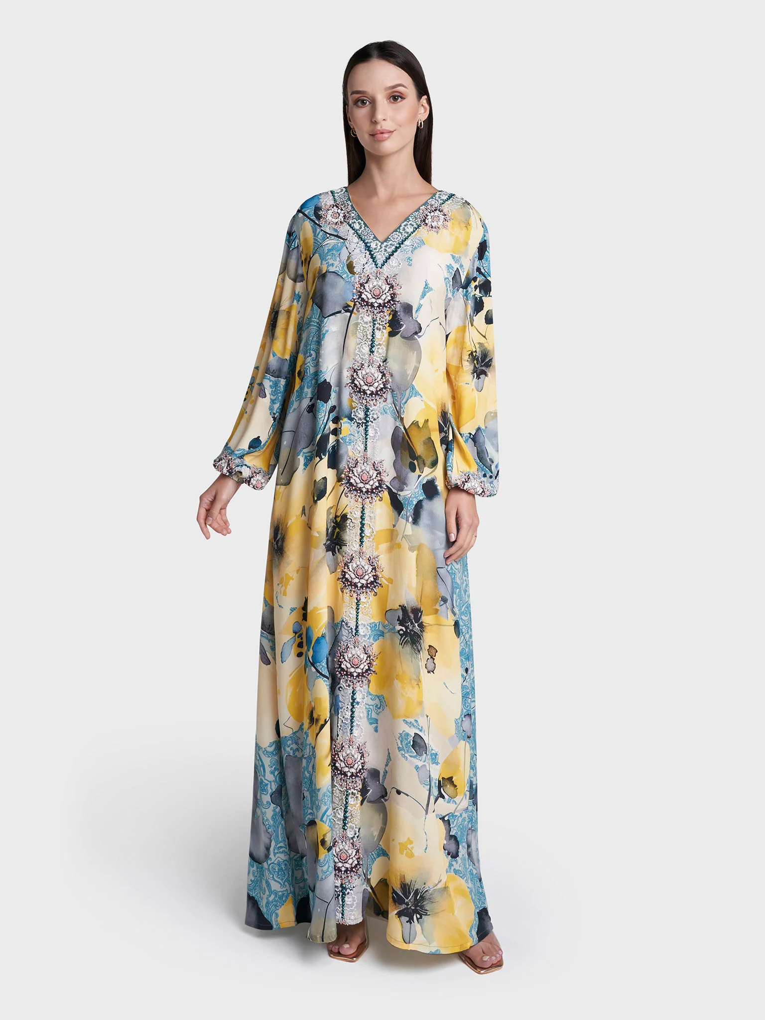 Yellow Colour Hand Work Viscose Crepe Floral Printed Jalabiya (VDM713) - Image 2