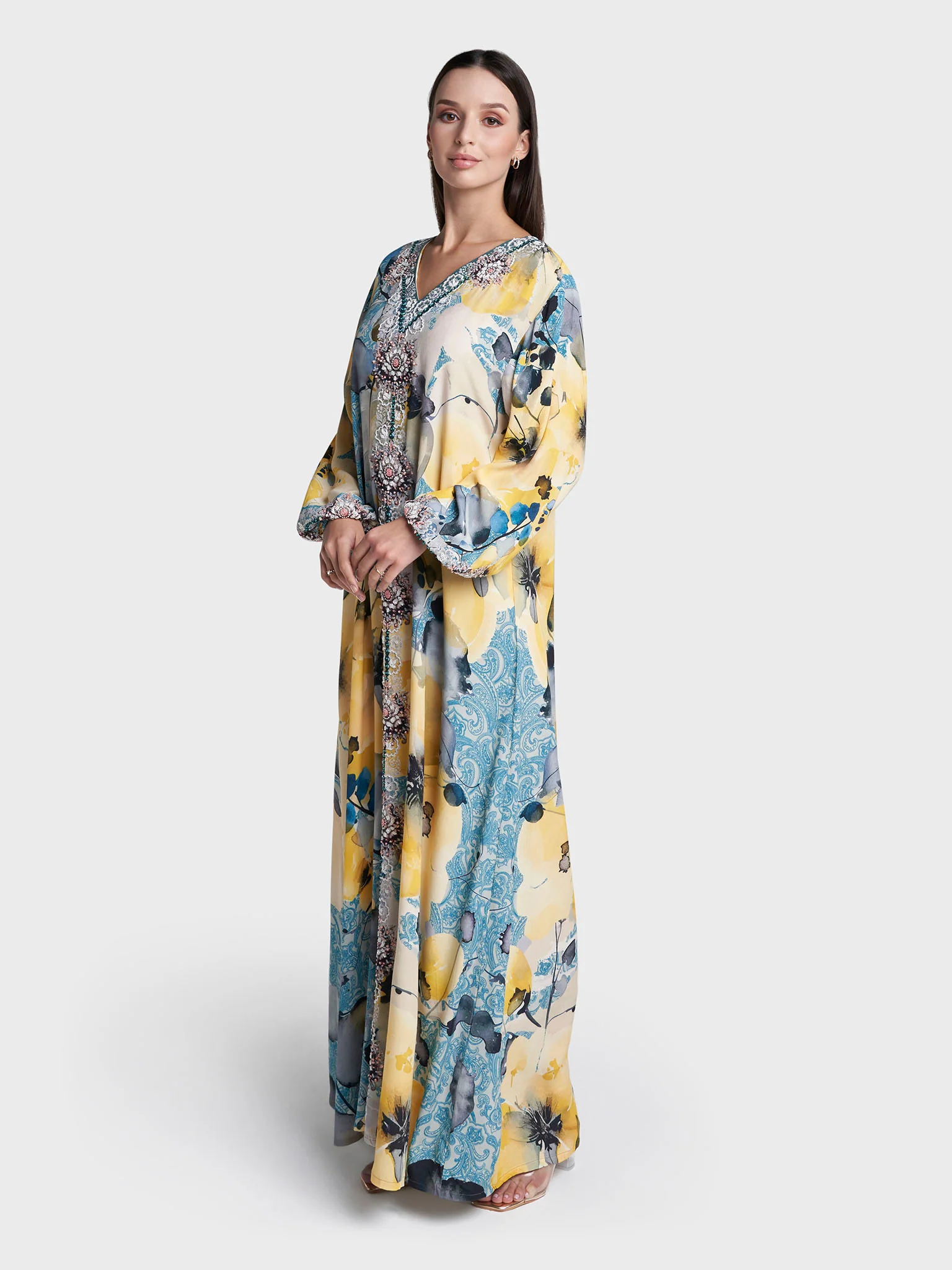 Yellow Colour Hand Work Viscose Crepe Floral Printed Jalabiya (VDM713) - Image 3