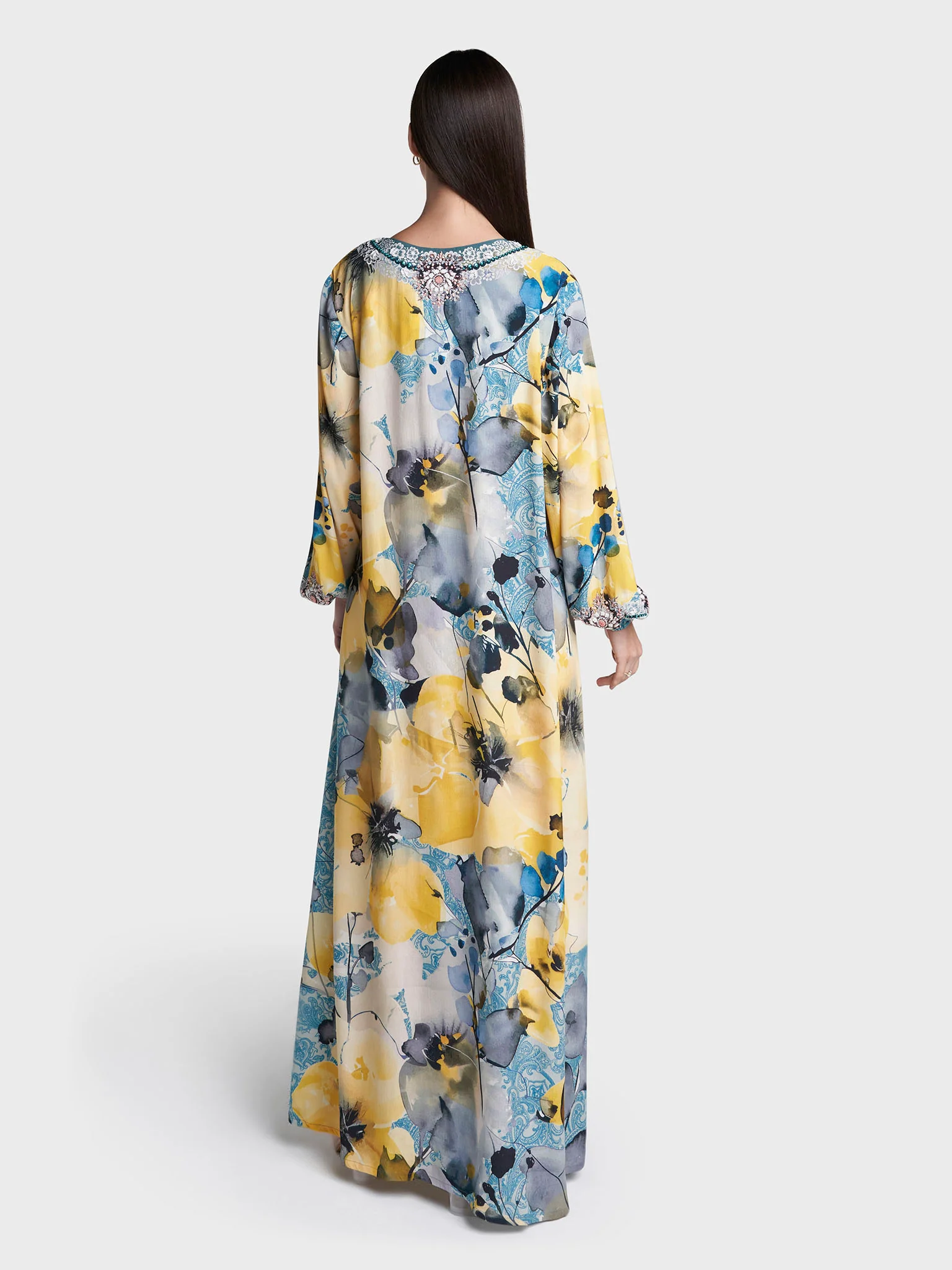 Yellow Colour Hand Work Viscose Crepe Floral Printed Jalabiya (VDM713) - Image 4