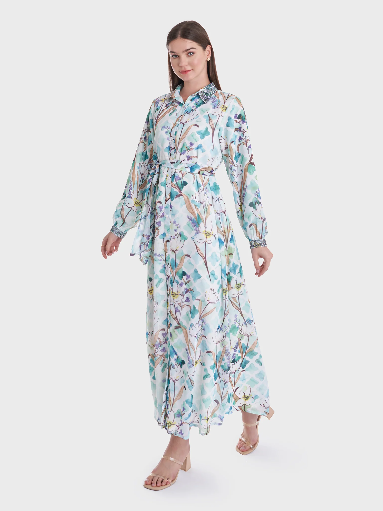 Water Color Floral Print Shirt Dress (AM396) - Image 3