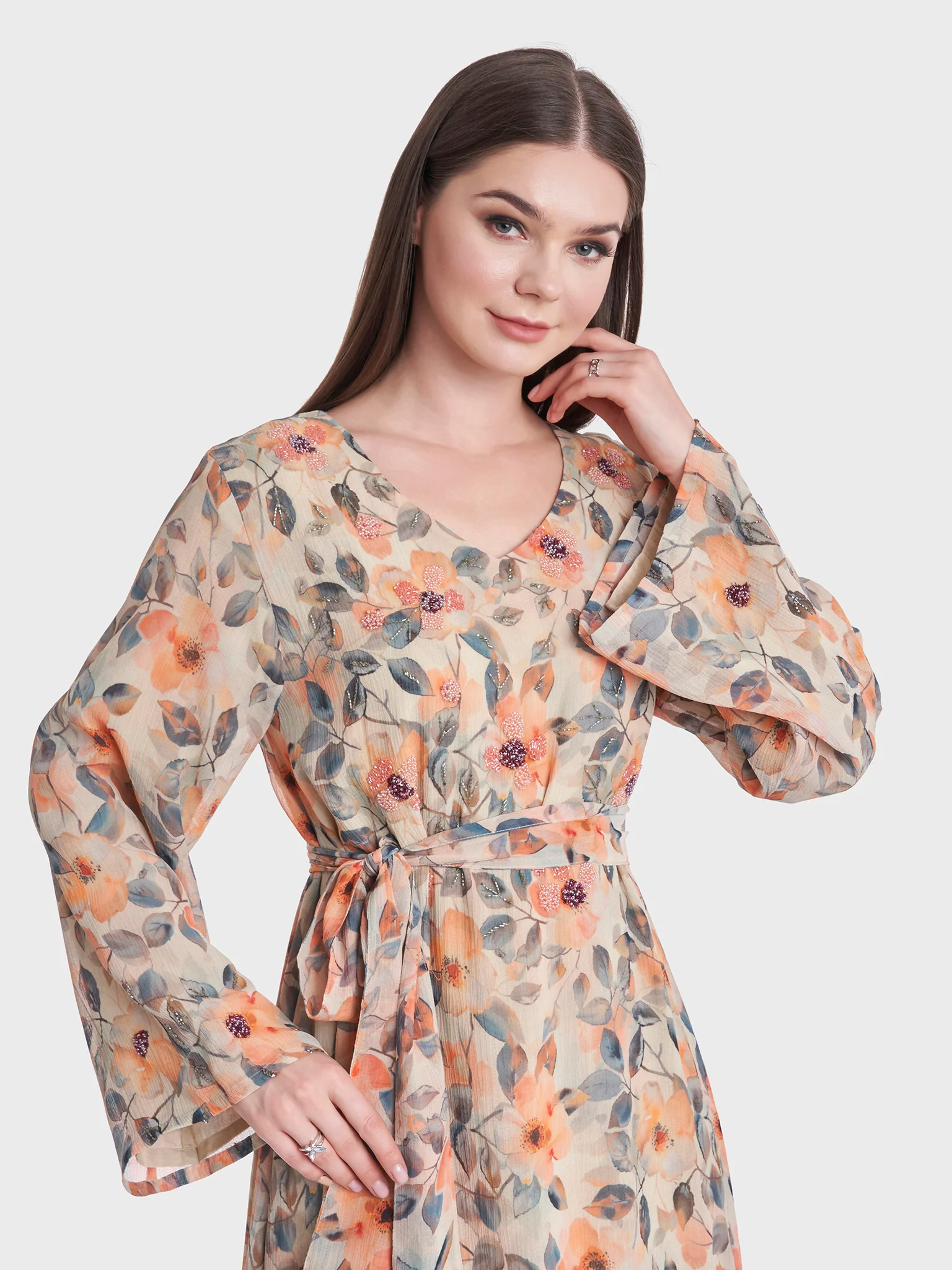Floral Print Chiffon Hand Work Long Dress (KL090)