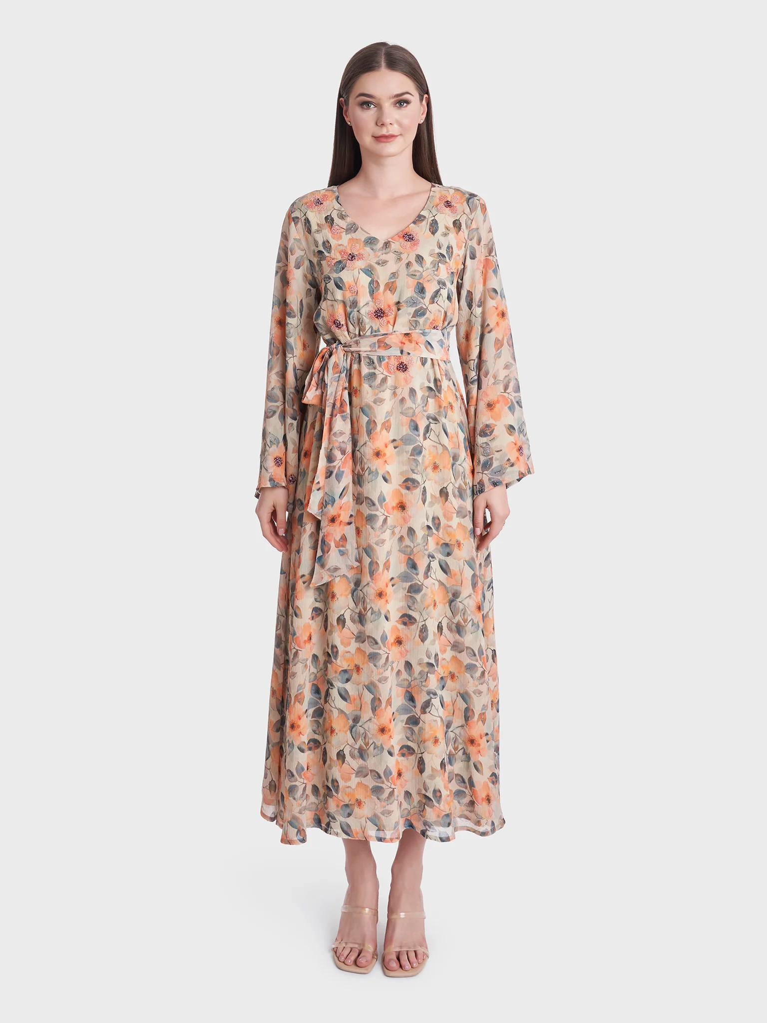 Floral Print Chiffon Hand Work Long Dress (KL090) - Image 2