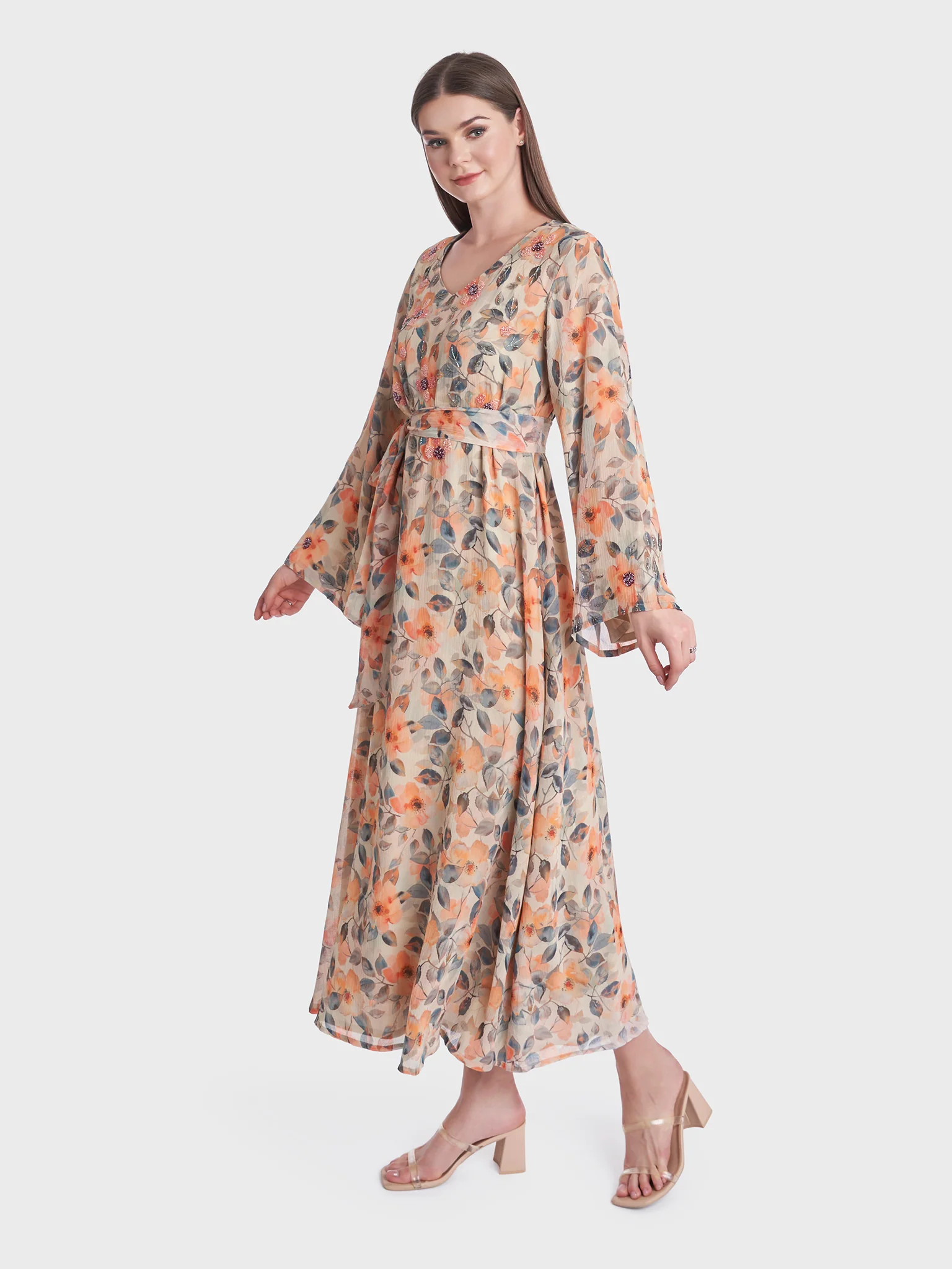 Floral Print Chiffon Hand Work Long Dress (KL090) - Image 3