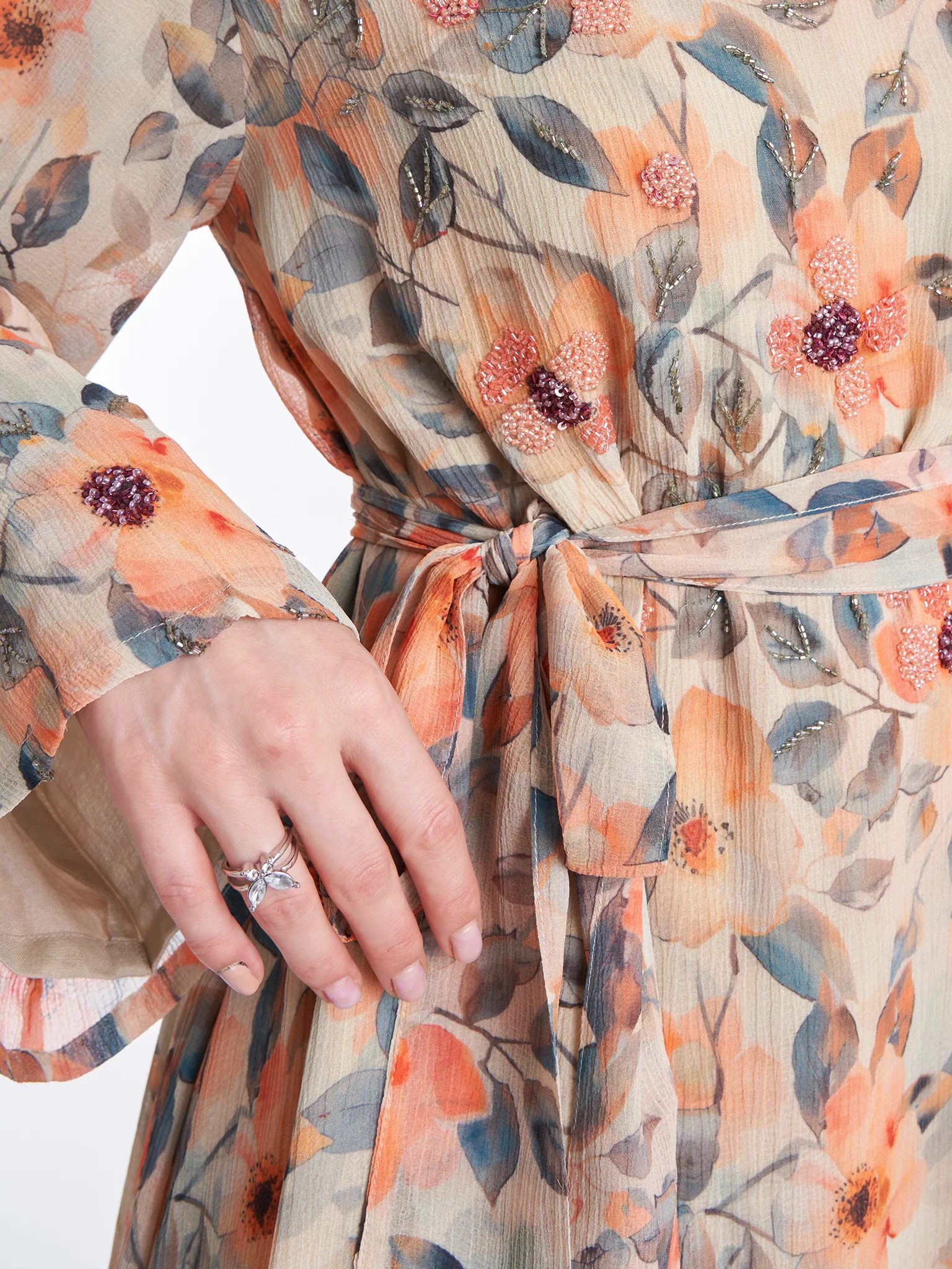 Floral Print Chiffon Hand Work Long Dress (KL090) - Image 5
