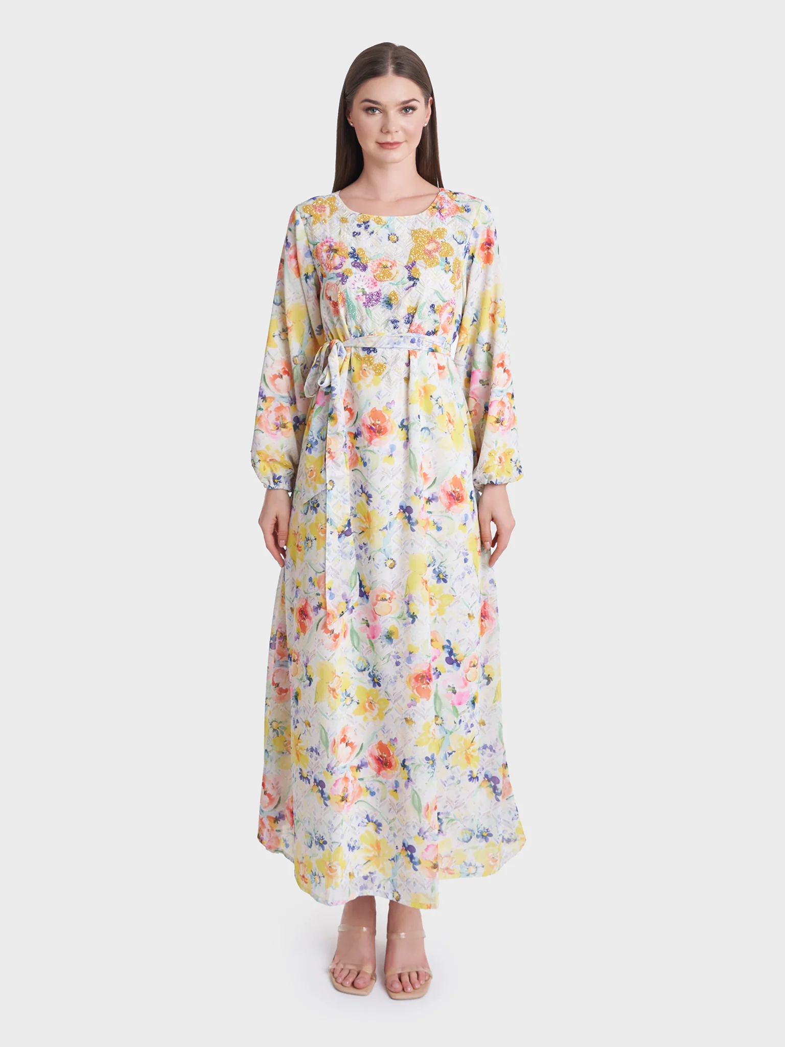 Floral Printed Beads Work Long Dress (KL092)