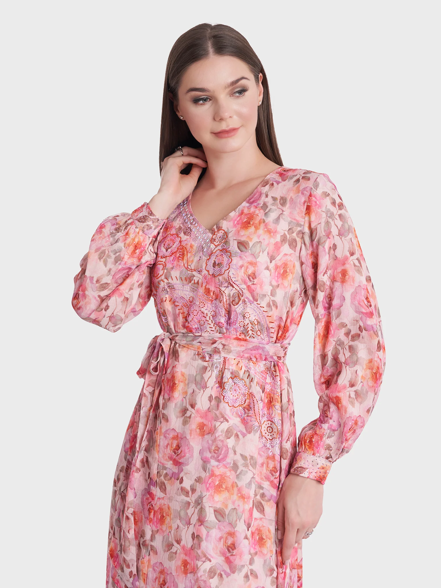 Chiffon Floral Print Stonework Dress (KL096)