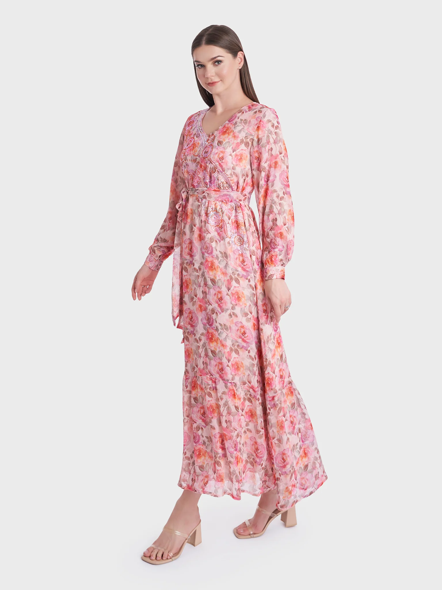 Chiffon Floral Print Stonework Dress (KL096) - Image 3