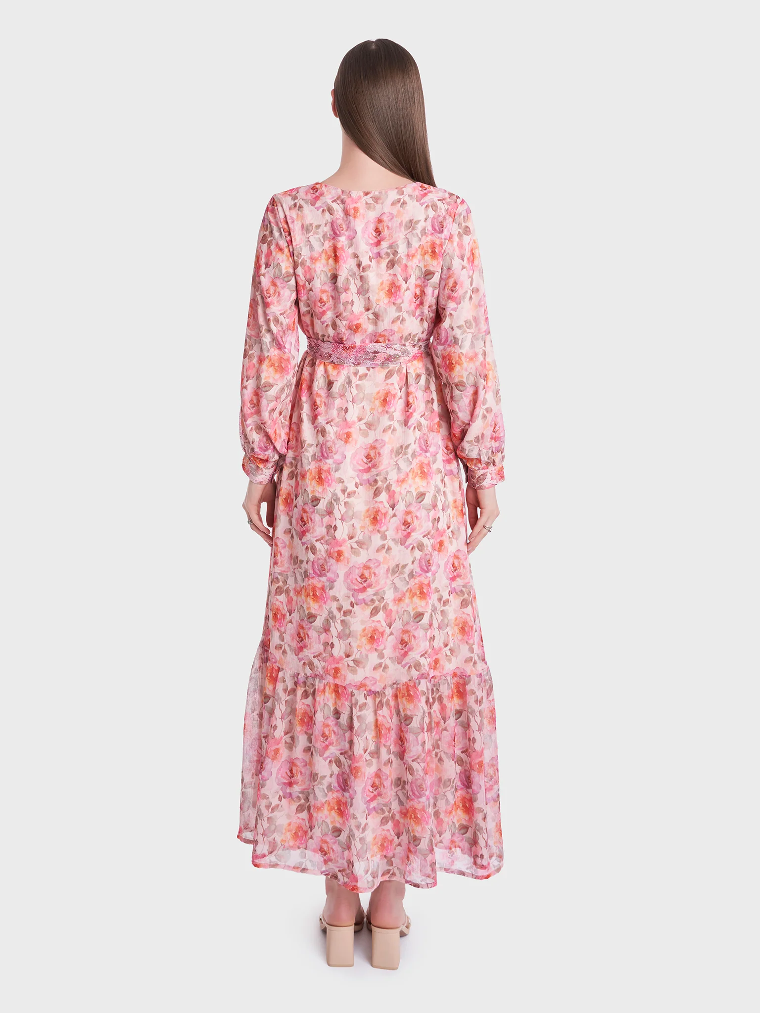 Chiffon Floral Print Stonework Dress (KL096) - Image 4