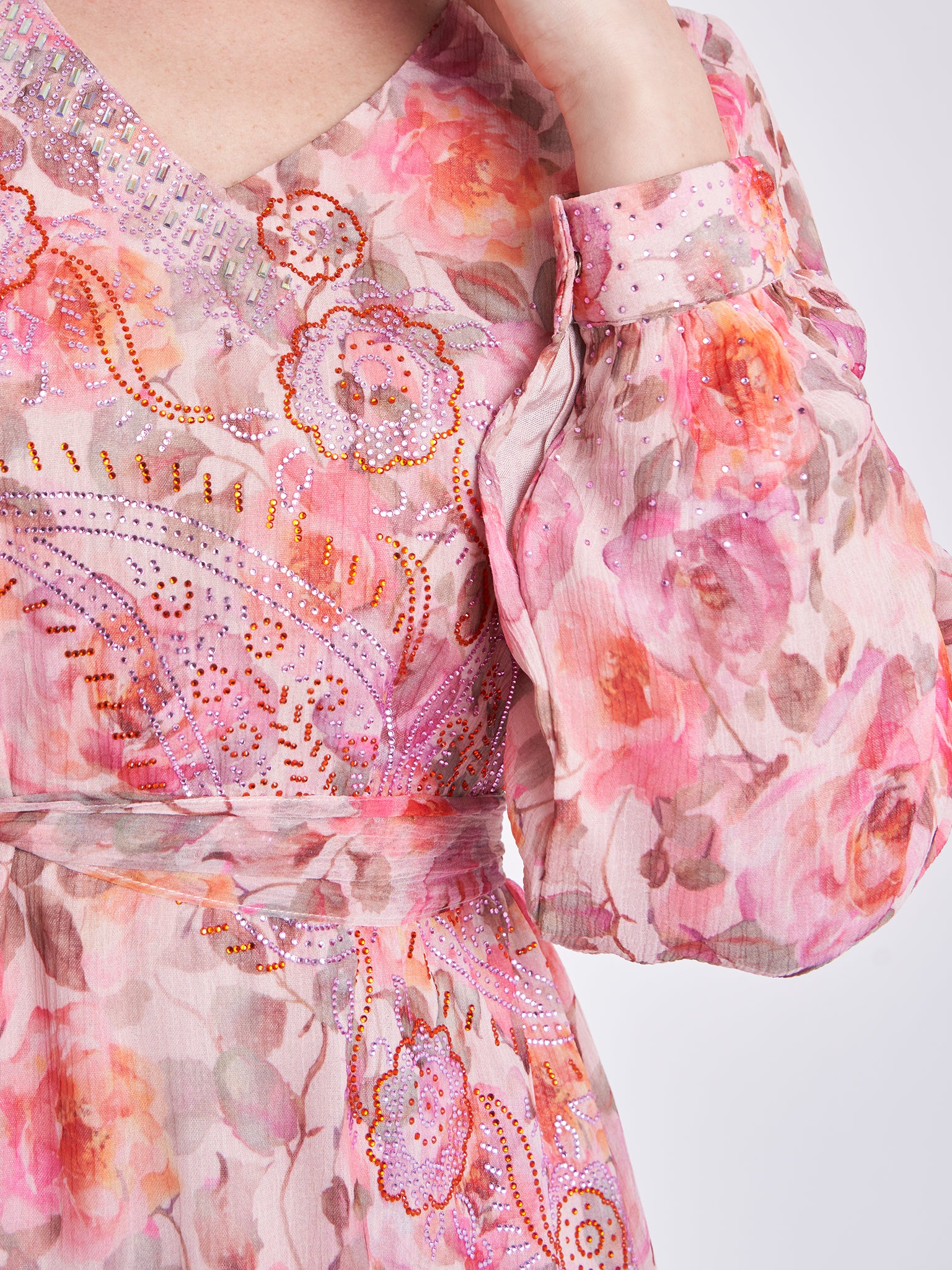 Chiffon Floral Print Stonework Dress (KL096) - Image 6