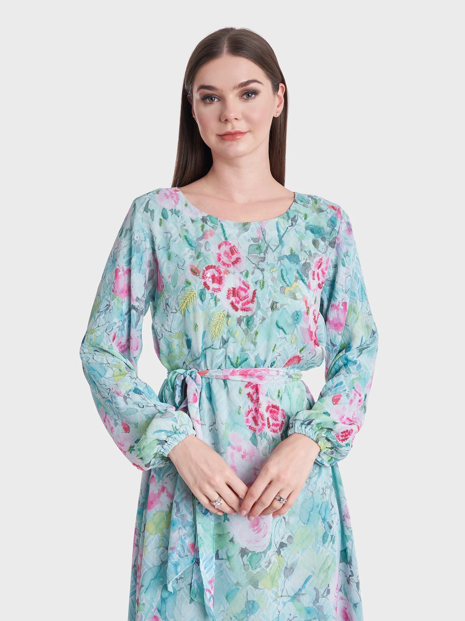 Flower Print Chiffon Dress with Beads Work (VDE339)