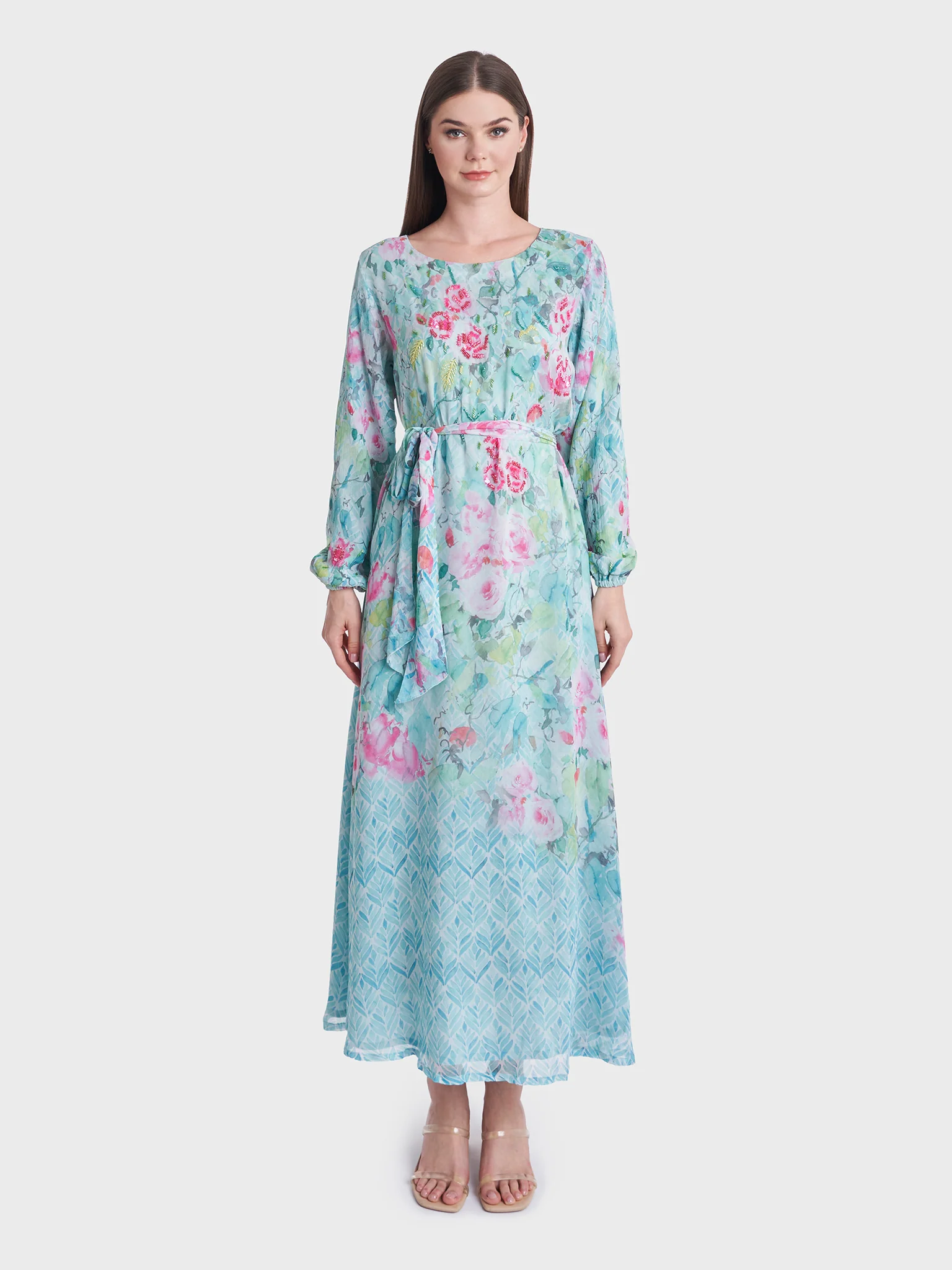 Flower Print Chiffon Dress with Beads Work (VDE339) - Image 2