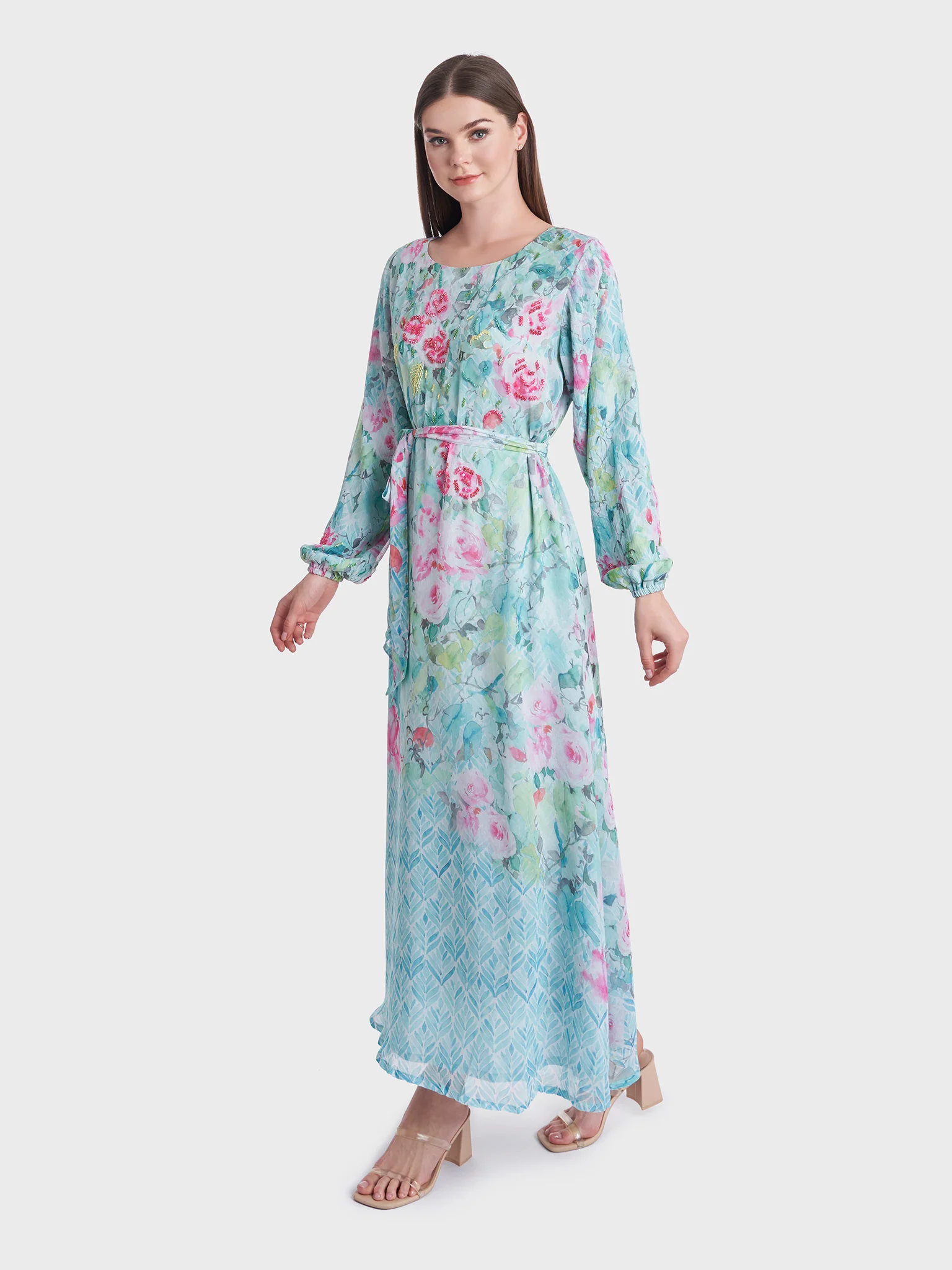 Flower Print Chiffon Dress with Beads Work (VDE339) - Image 3