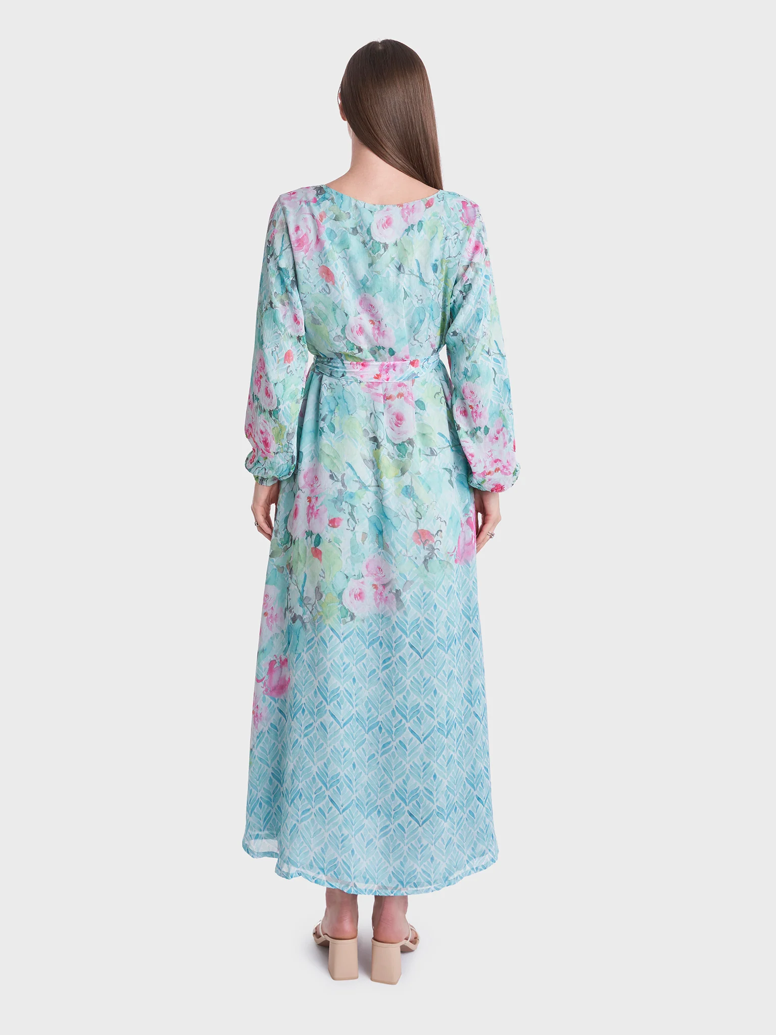 Flower Print Chiffon Dress with Beads Work (VDE339) - Image 4