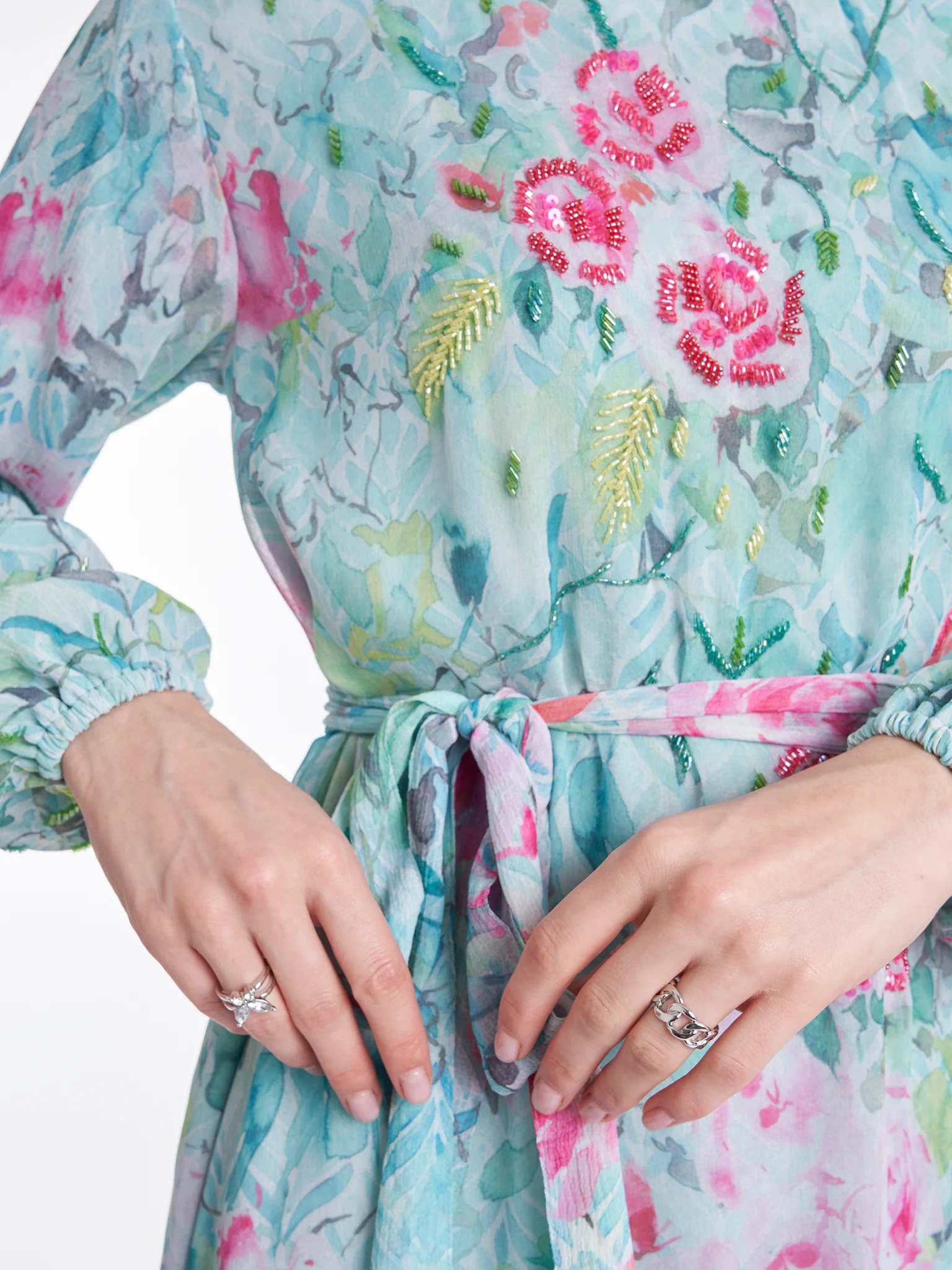 Flower Print Chiffon Dress with Beads Work (VDE339) - Image 5
