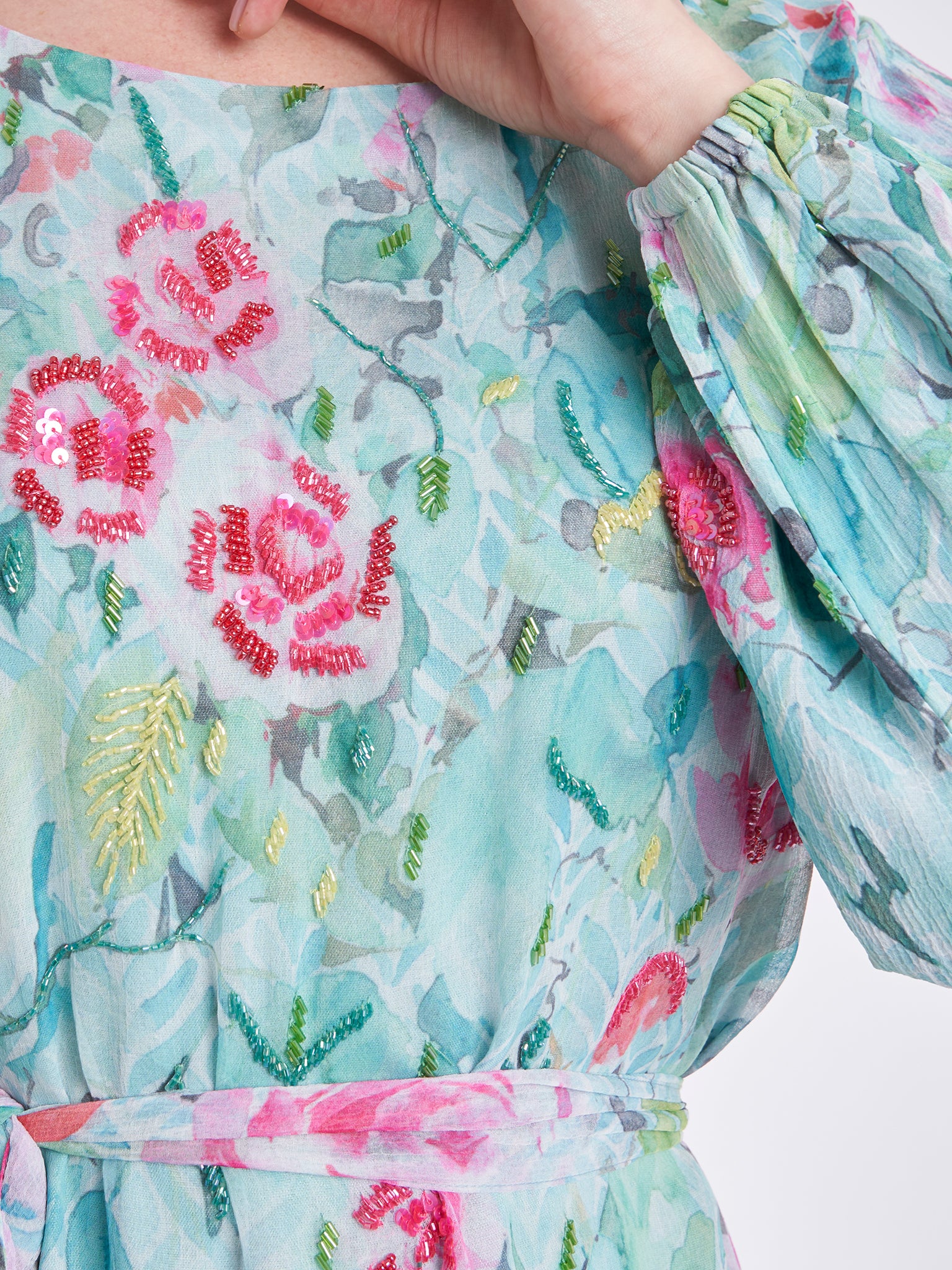 Flower Print Chiffon Dress with Beads Work (VDE339) - Image 6