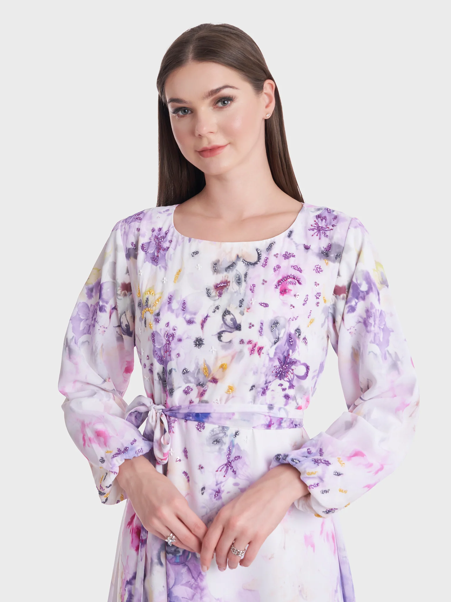 Floral Print Beads Work Long Dress (VDK329)