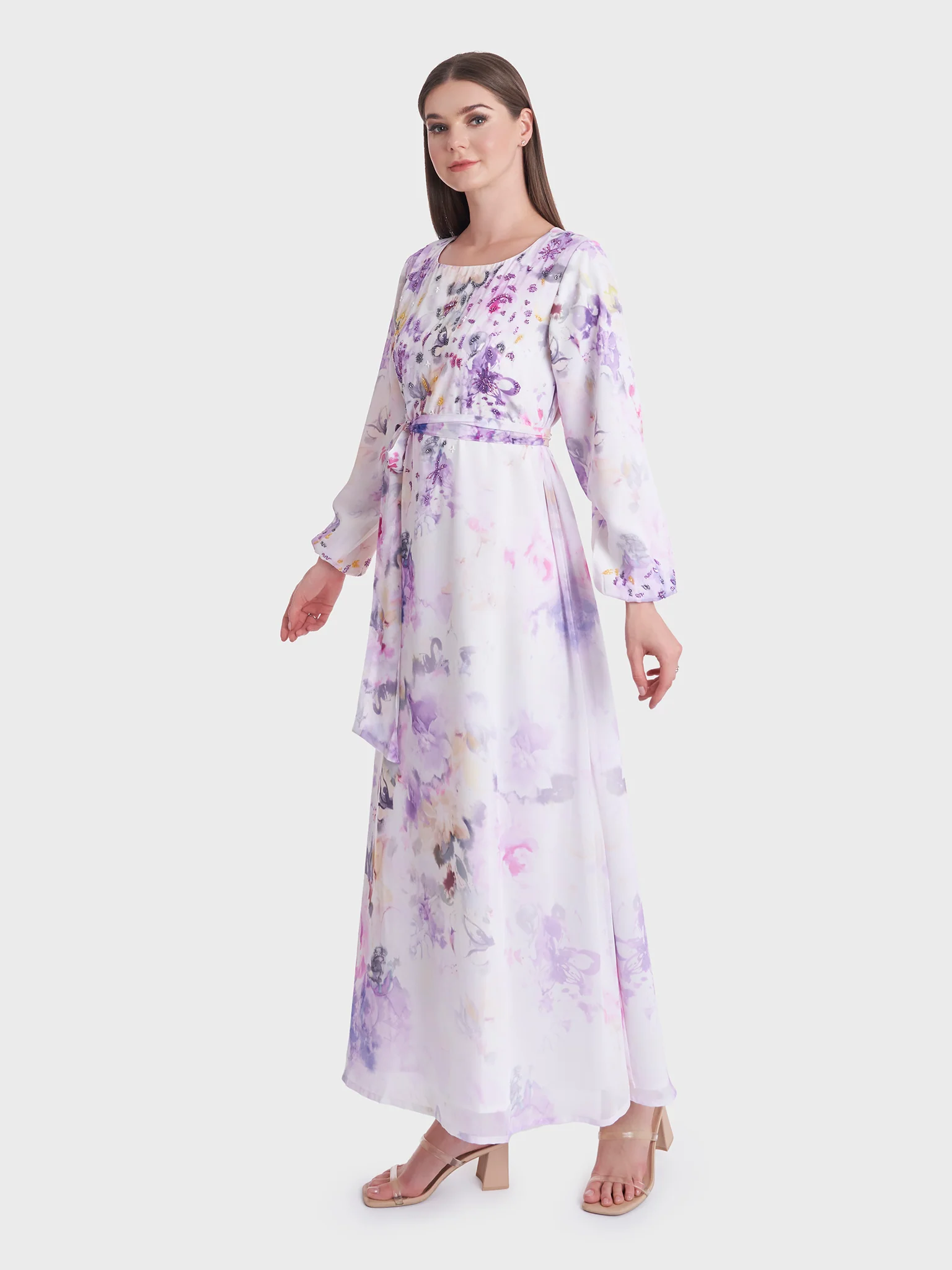 Floral Print Beads Work Long Dress (VDK329) - Image 3