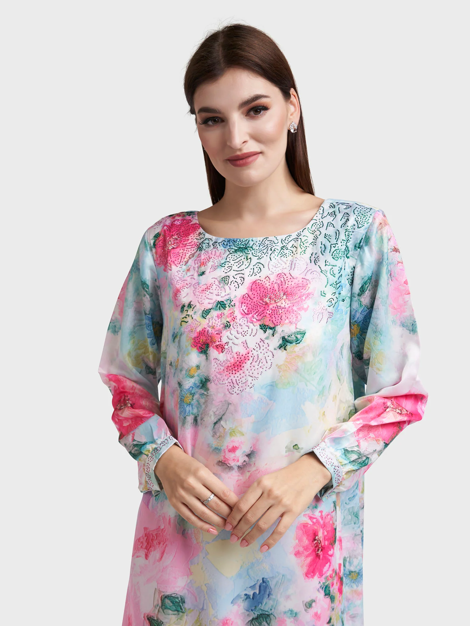 Pink Satin Floral Print Stonework Dress (VDM603)