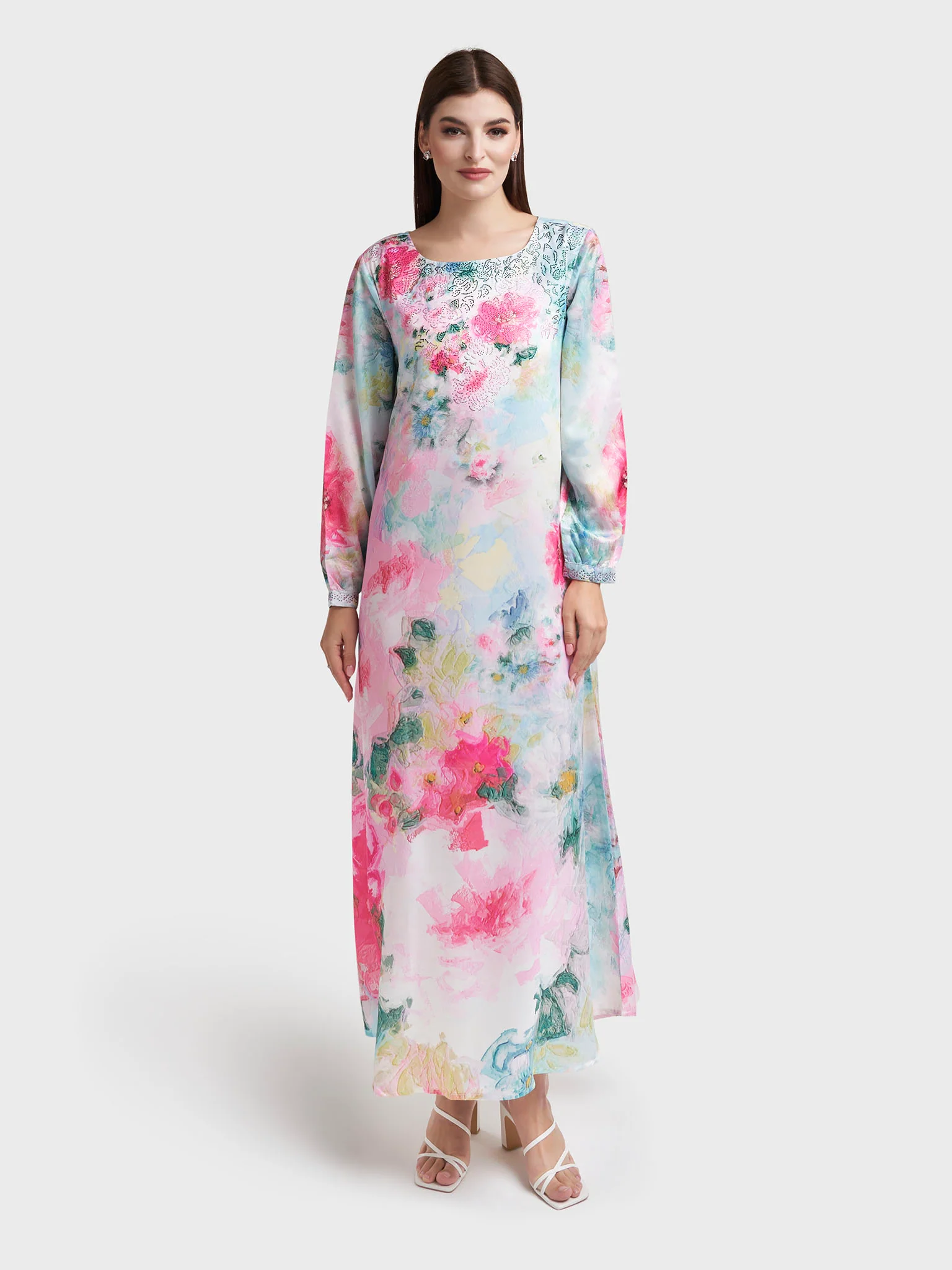 Pink Satin Floral Print Stonework Dress (VDM603) - Image 2