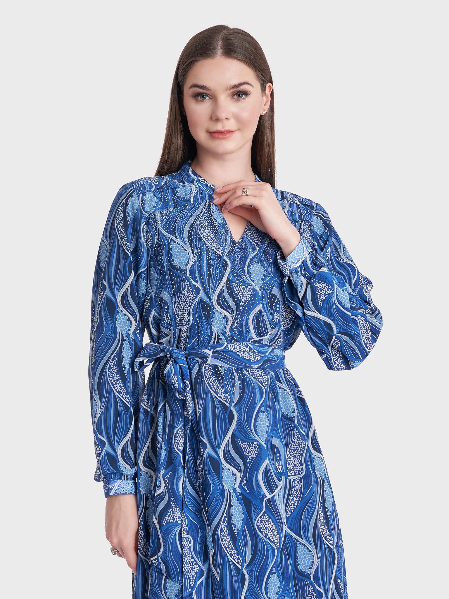 Abstract Print Stand Collar Georgette Long Dress (VDP202)
