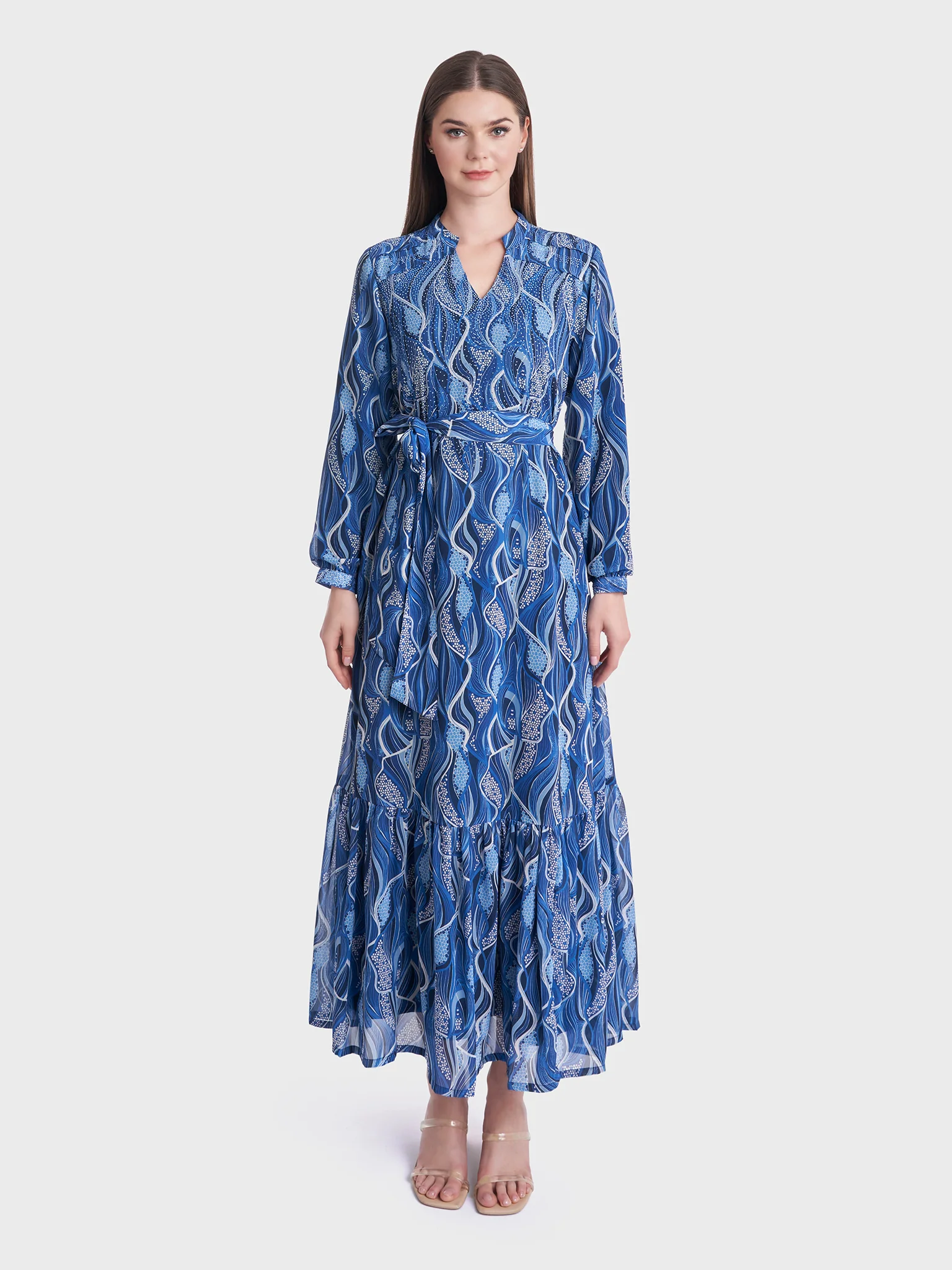 Abstract Print Stand Collar Georgette Long Dress (VDP202) - Image 2
