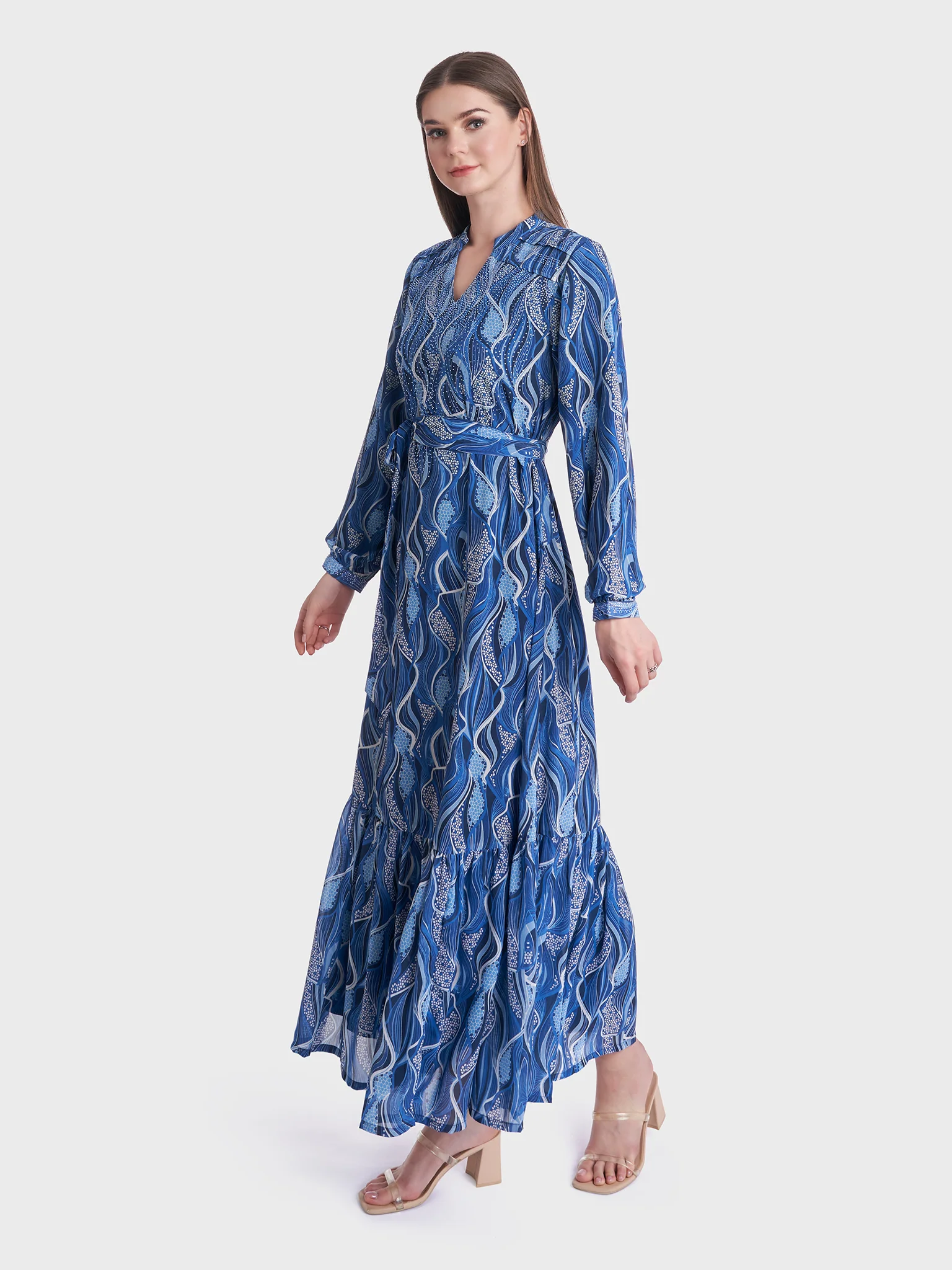 Abstract Print Stand Collar Georgette Long Dress (VDP202) - Image 3