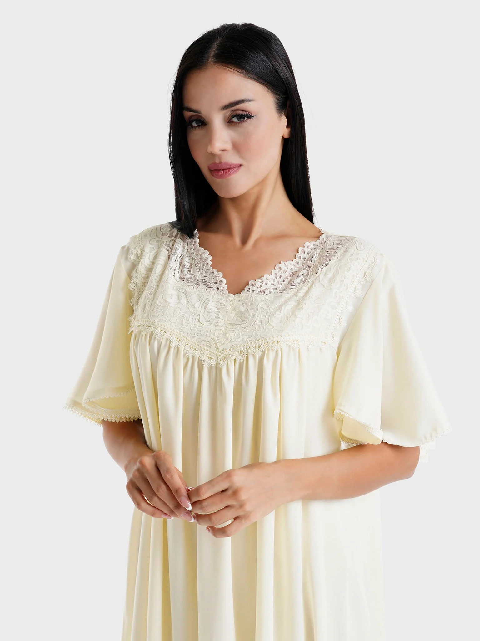 Yellow Solid Polyester Lace Work Maternity Nightwear (MTNFNW12)