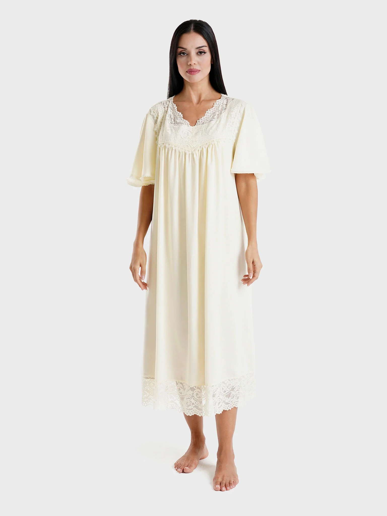 Yellow Solid Polyester Lace Work Maternity Nightwear (MTNFNW12) - Image 2
