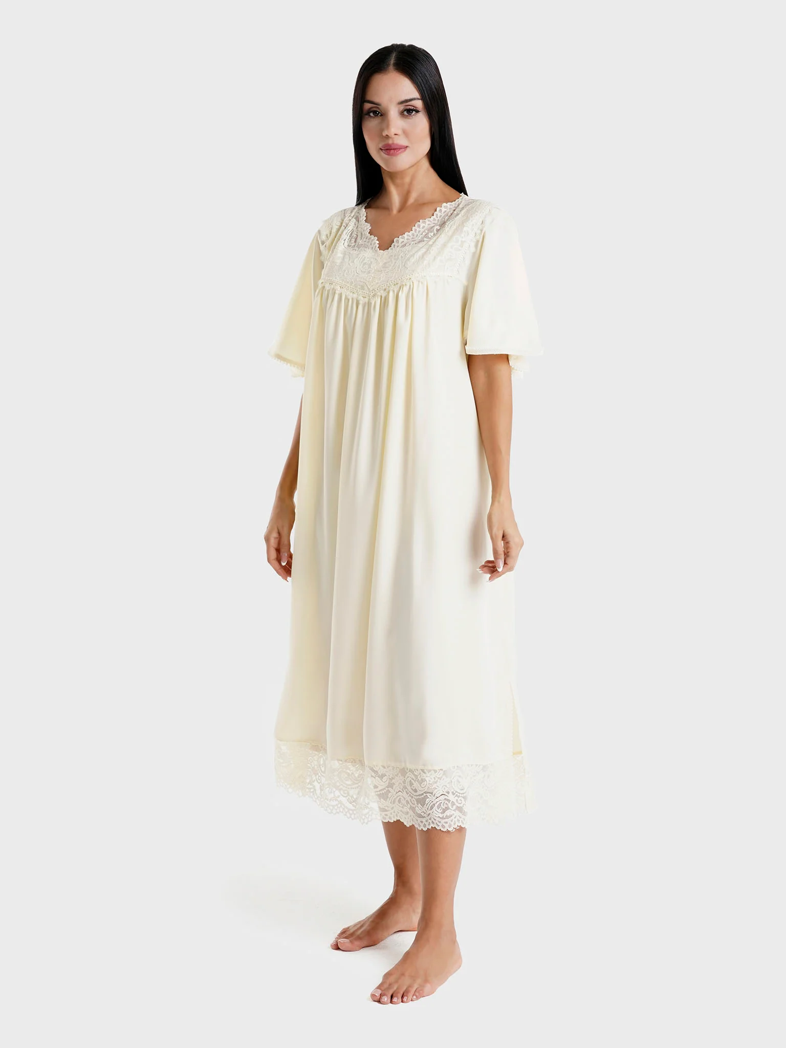 Yellow Solid Polyester Lace Work Maternity Nightwear (MTNFNW12) - Image 3
