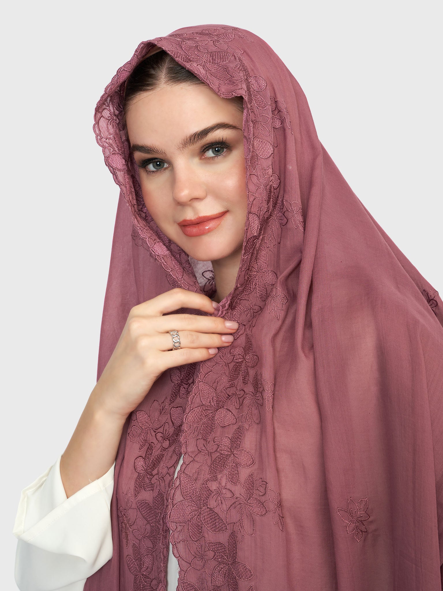 Cotton Viscose Solid Colour Hijab with Embroidered Flower (HYM101) - Image 10