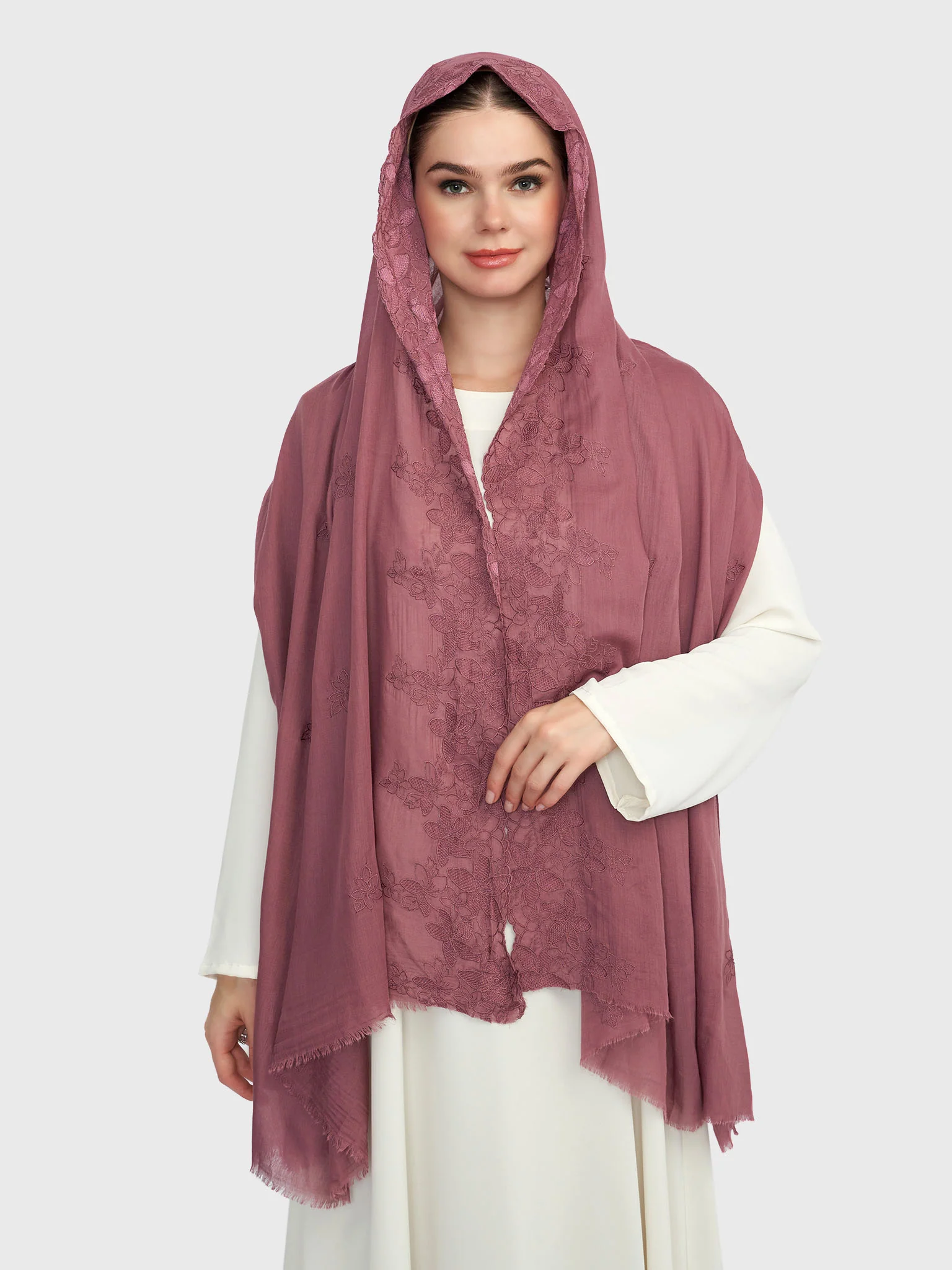 Cotton Viscose Solid Colour Hijab with Embroidered Flower (HYM101) - Image 11