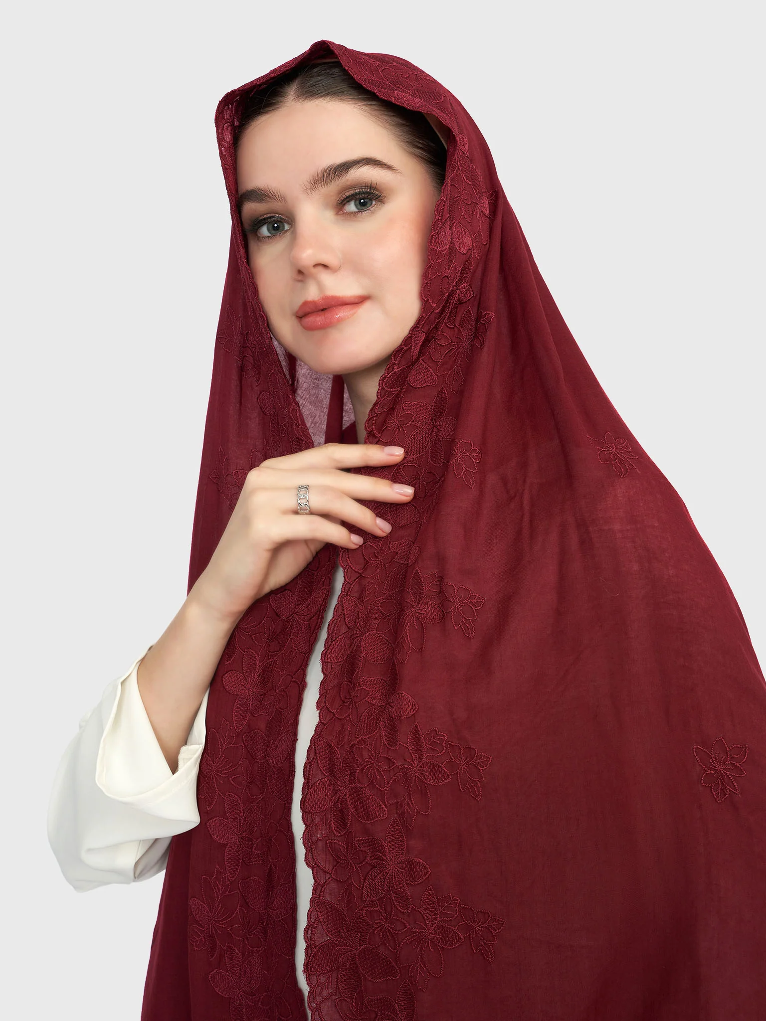 Cotton Viscose Solid Colour Hijab with Embroidered Flower (HYM101) - Image 13