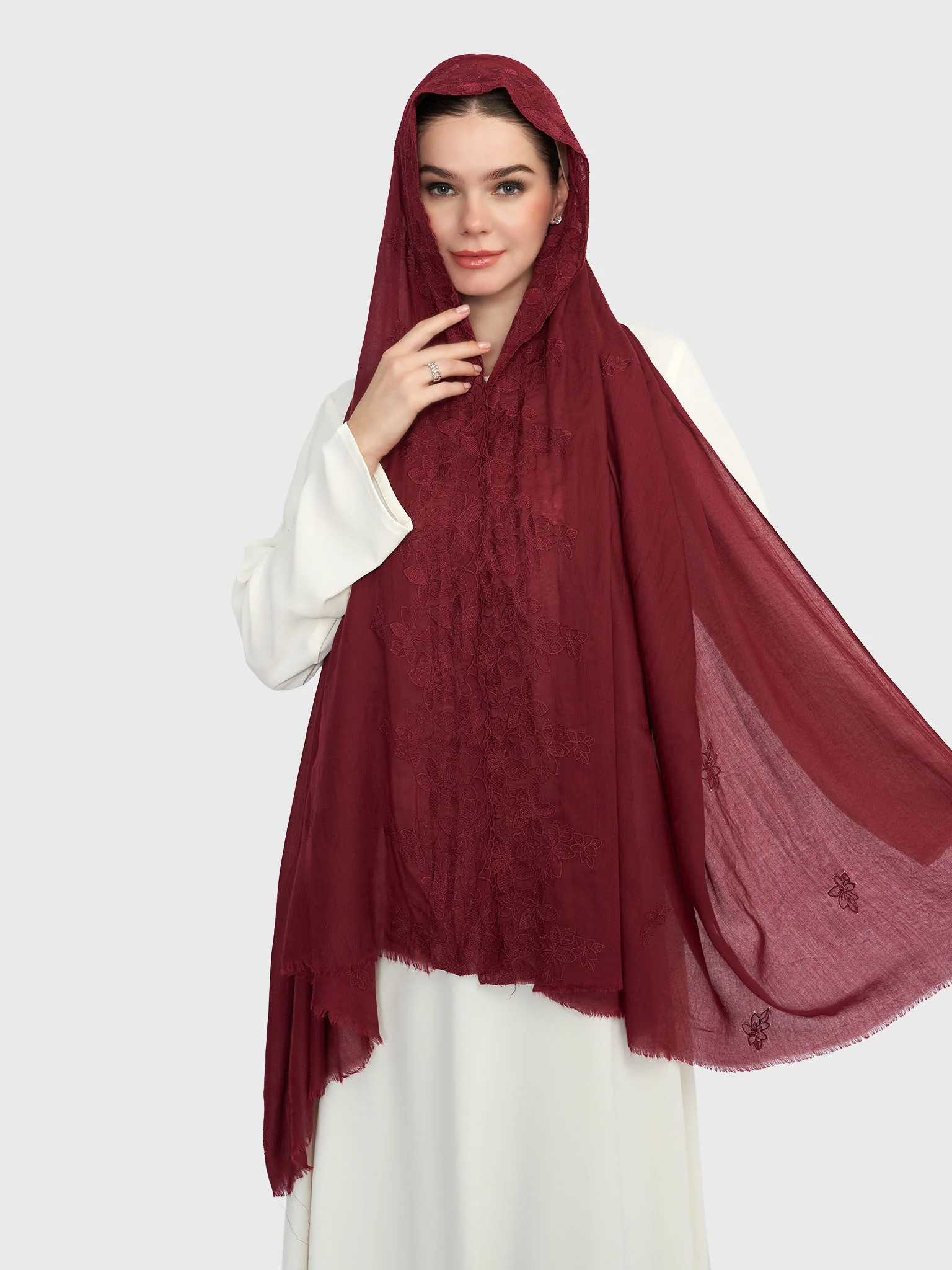 Cotton Viscose Solid Colour Hijab with Embroidered Flower (HYM101) - Image 14
