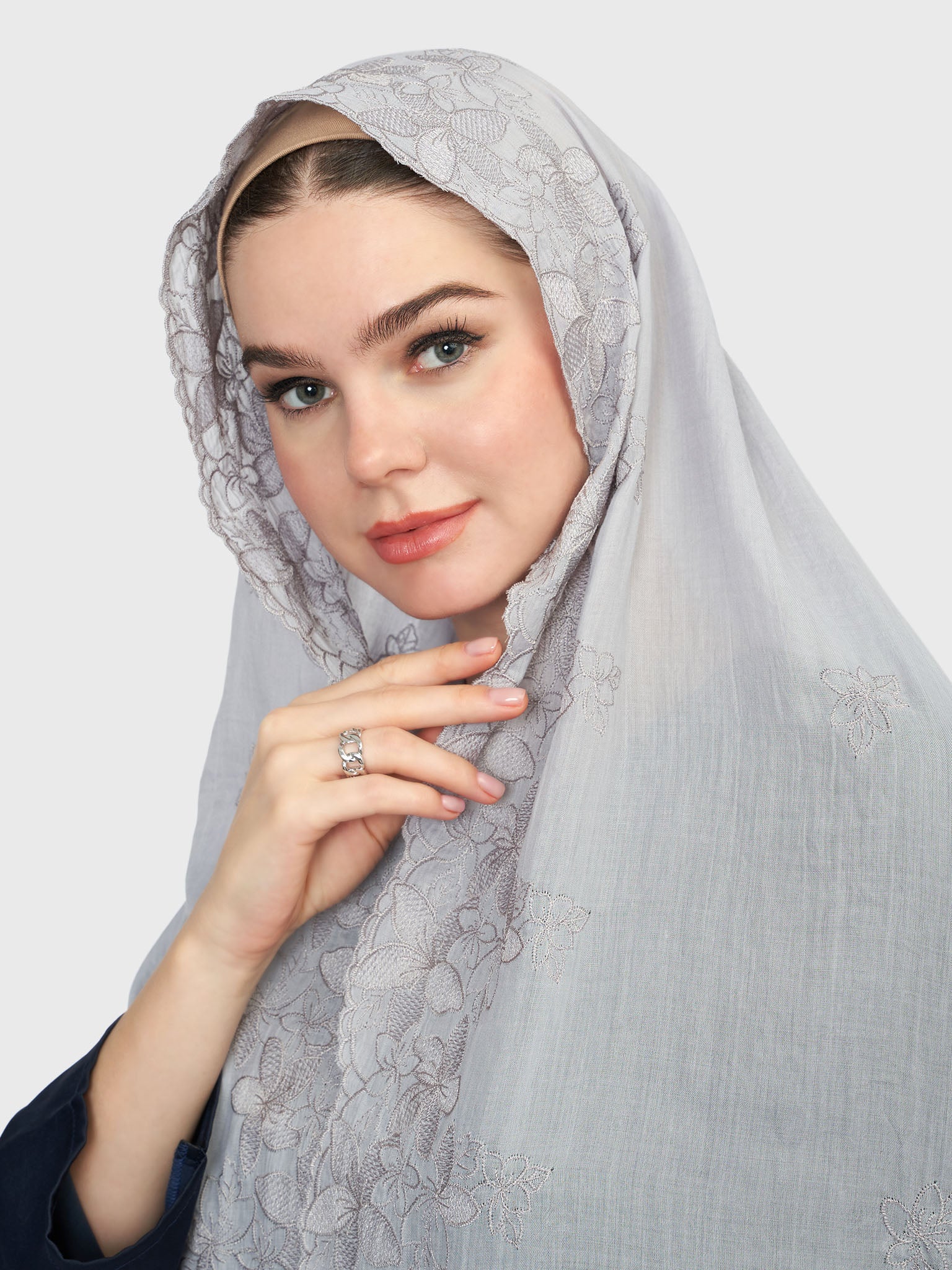 Cotton Viscose Solid Colour Hijab with Embroidered Flower (HYM101) - Image 16