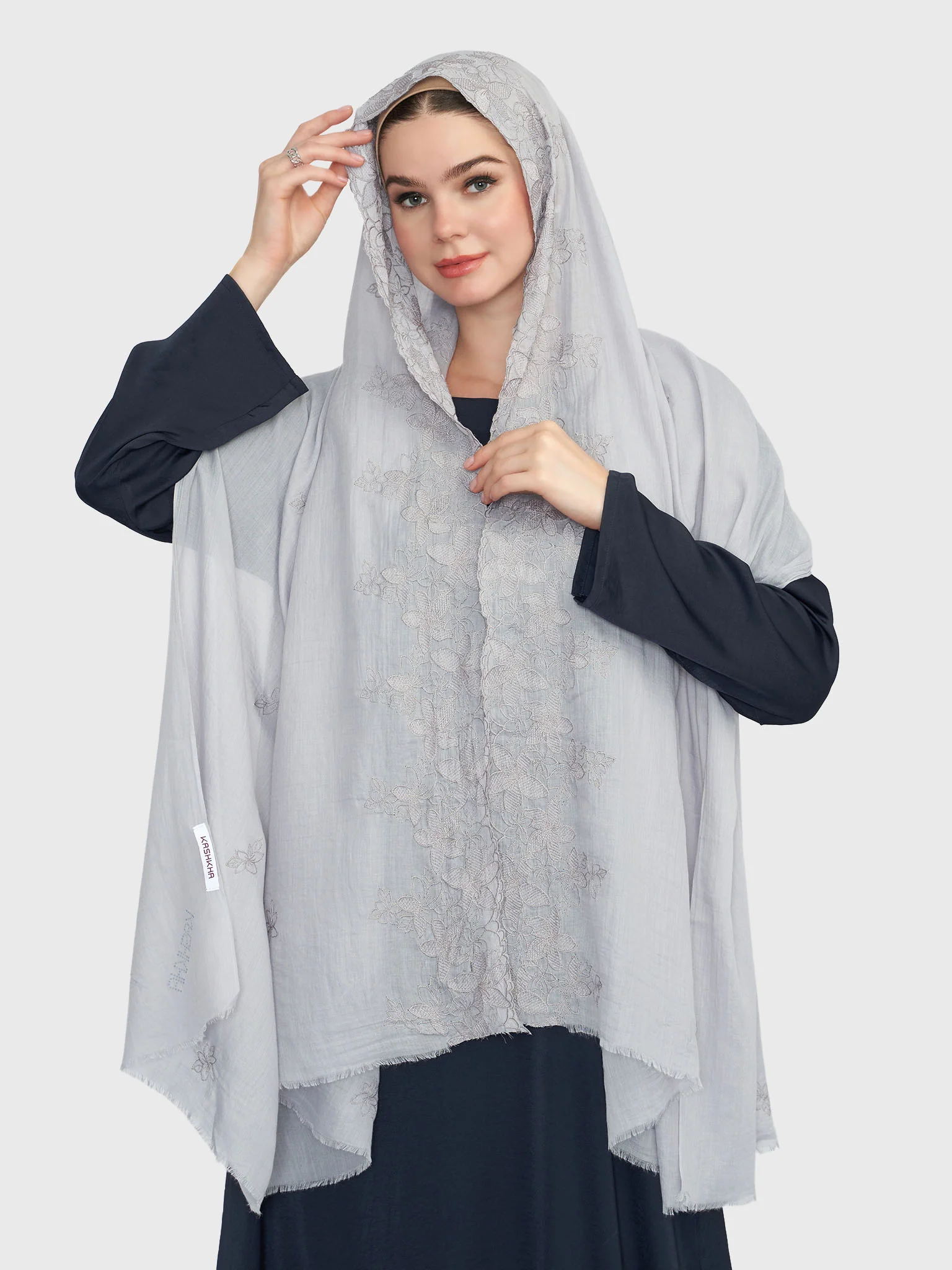 Cotton Viscose Solid Colour Hijab with Embroidered Flower (HYM101) - Image 17