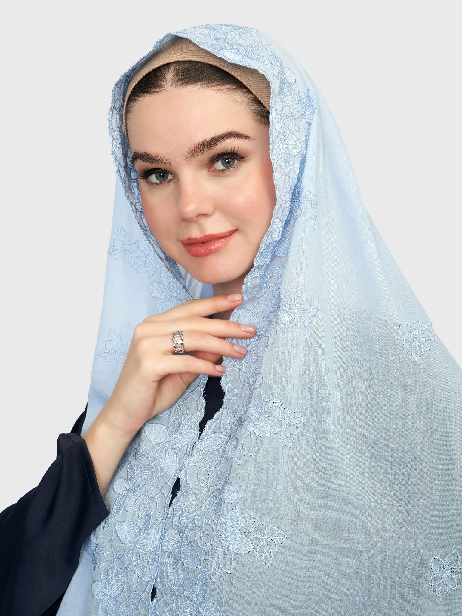 Cotton Viscose Solid Colour Hijab with Embroidered Flower (HYM101) - Image 19