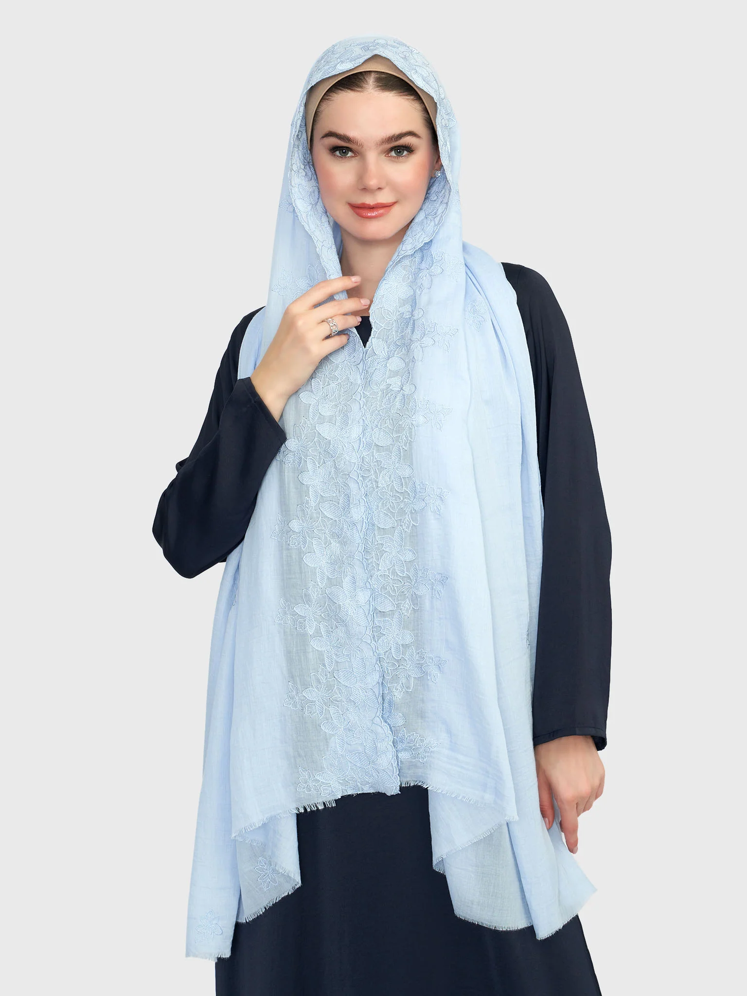 Cotton Viscose Solid Colour Hijab with Embroidered Flower (HYM101) - Image 20