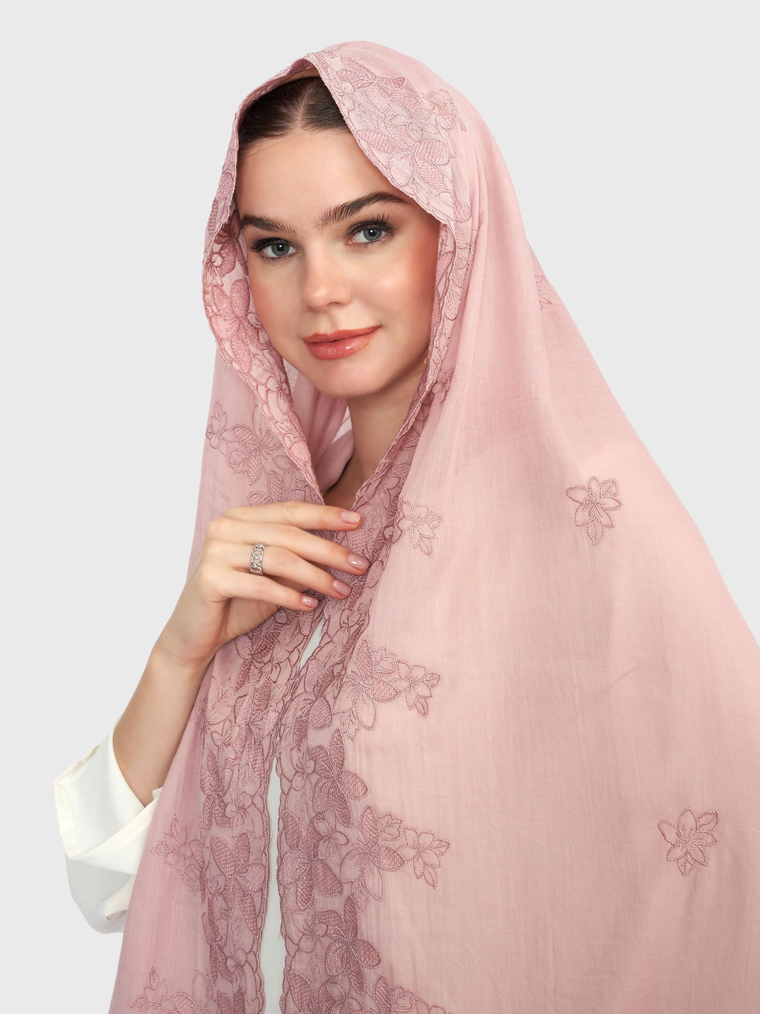 Cotton Viscose Solid Colour Hijab with Embroidered Flower (HYM101) - Image 22