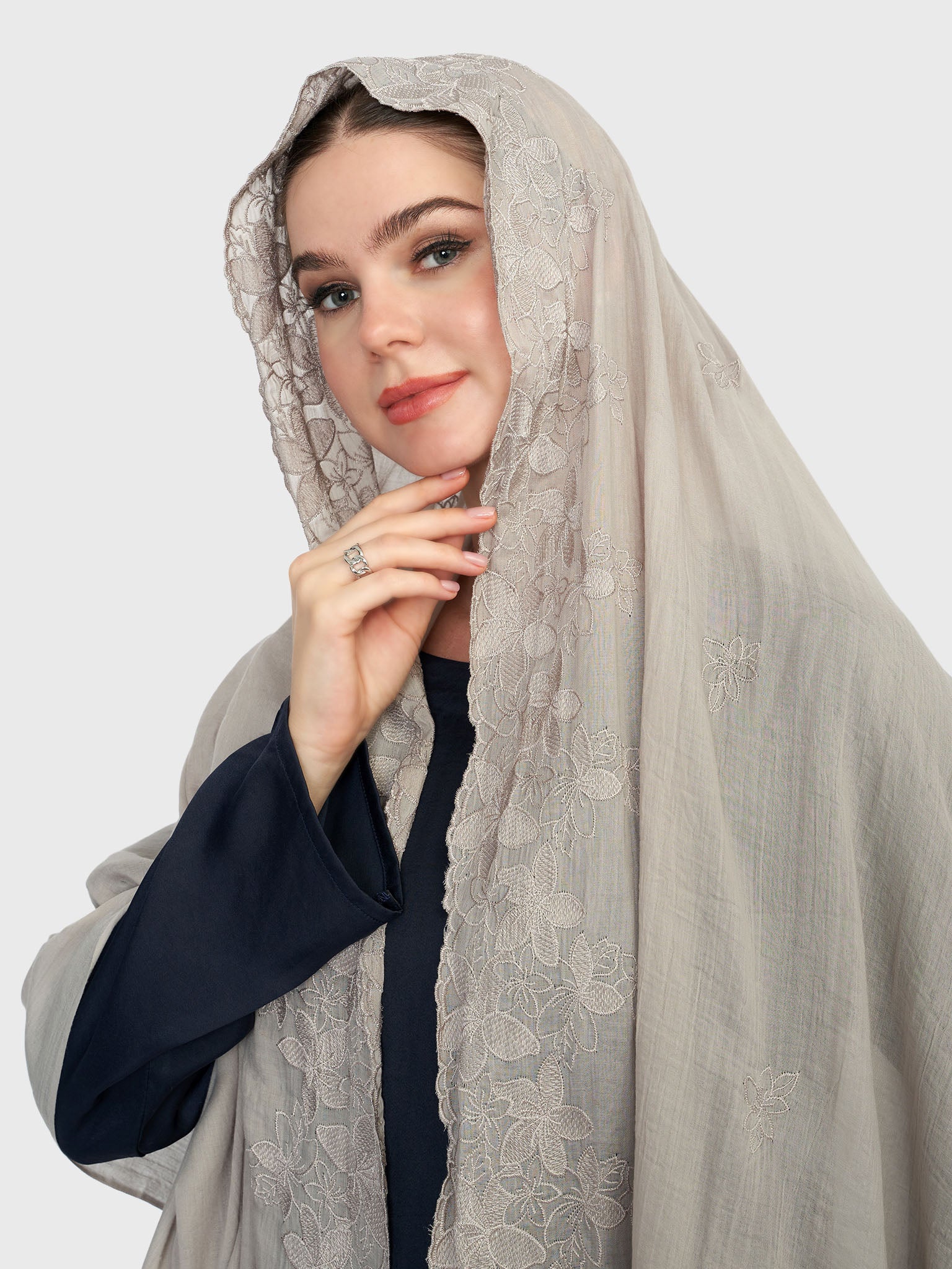 Cotton Viscose Solid Colour Hijab with Embroidered Flower (HYM101) - Image 25