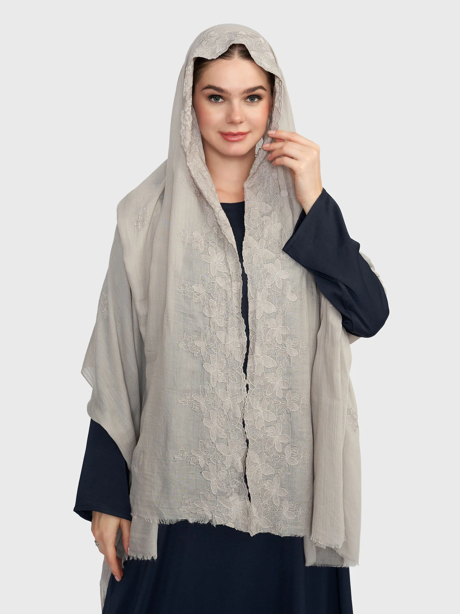 Cotton Viscose Solid Colour Hijab with Embroidered Flower (HYM101) - Image 26