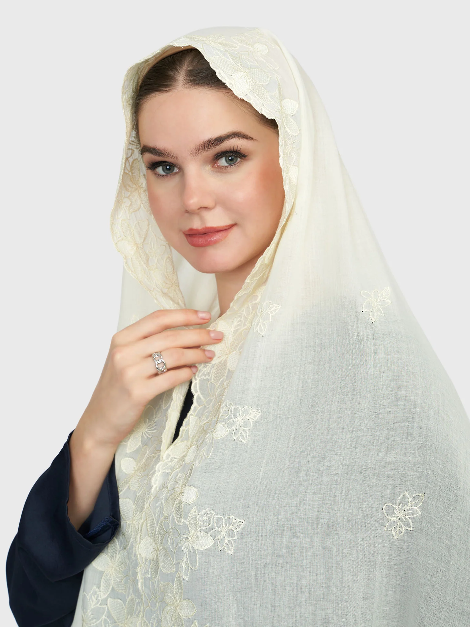 Cotton Viscose Solid Colour Hijab with Embroidered Flower (HYM101) - Image 28