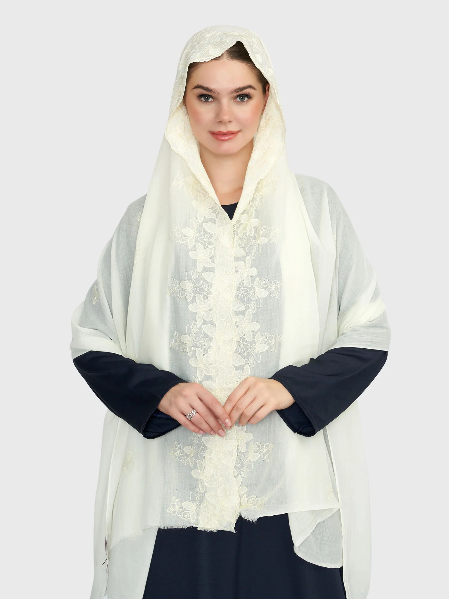 Cotton Viscose Solid Colour Hijab with Embroidered Flower (HYM101) - Image 29