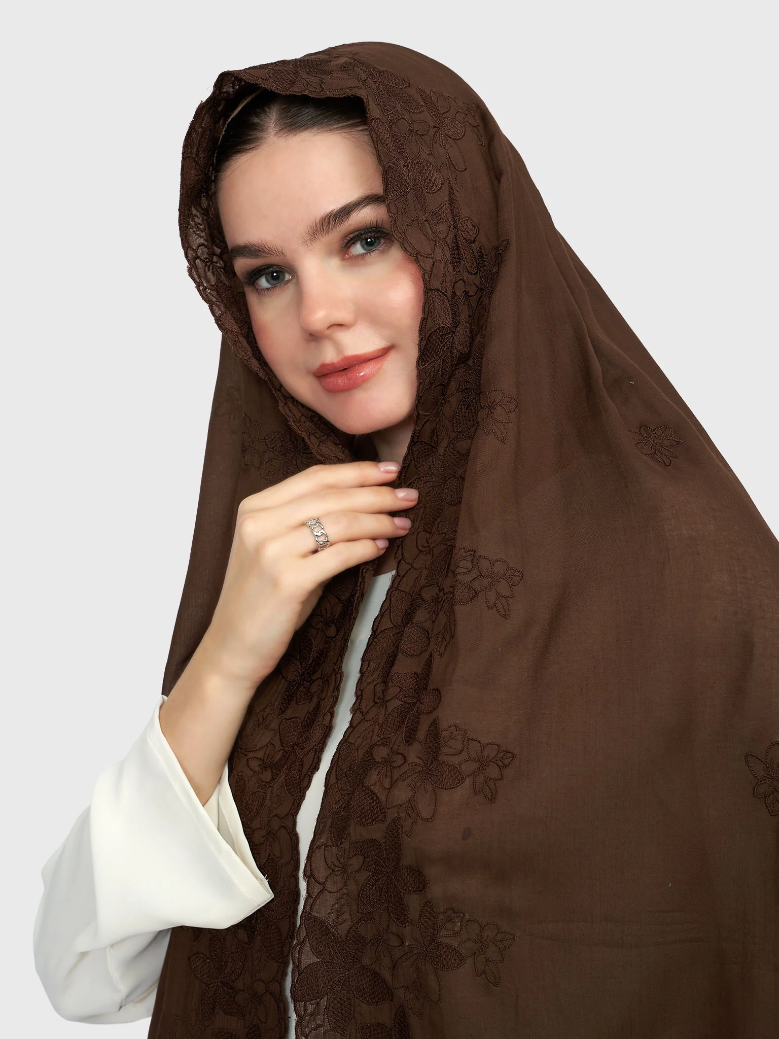 Cotton Viscose Solid Colour Hijab with Embroidered Flower (HYM101) - Image 31