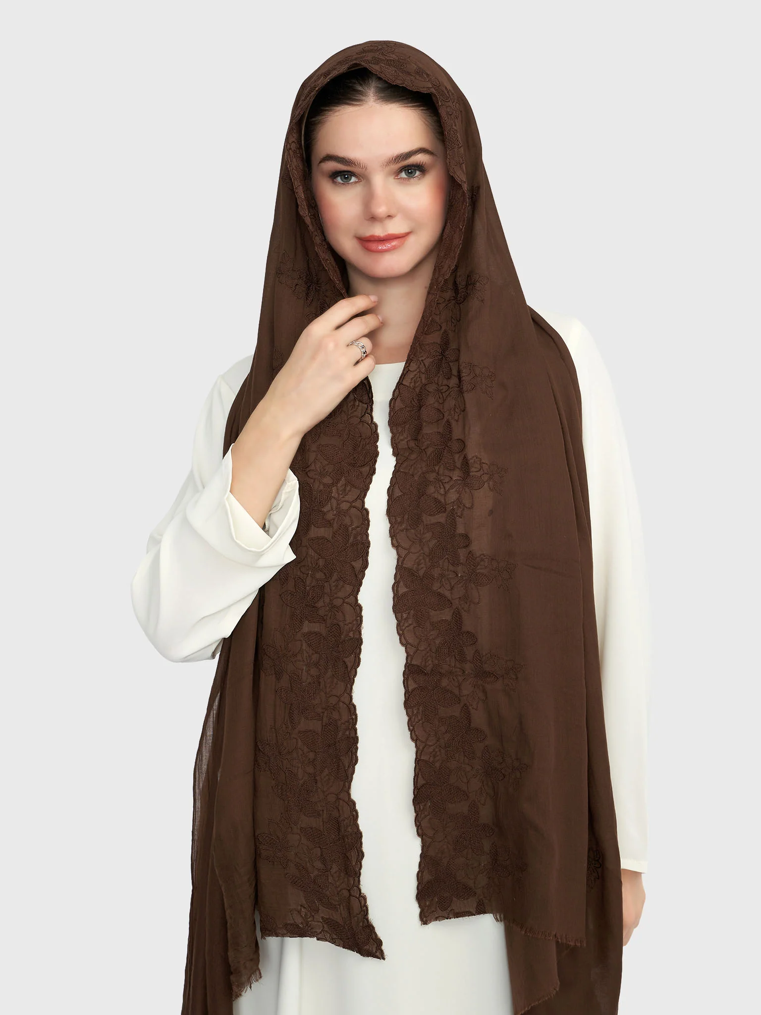 Cotton Viscose Solid Colour Hijab with Embroidered Flower (HYM101) - Image 32
