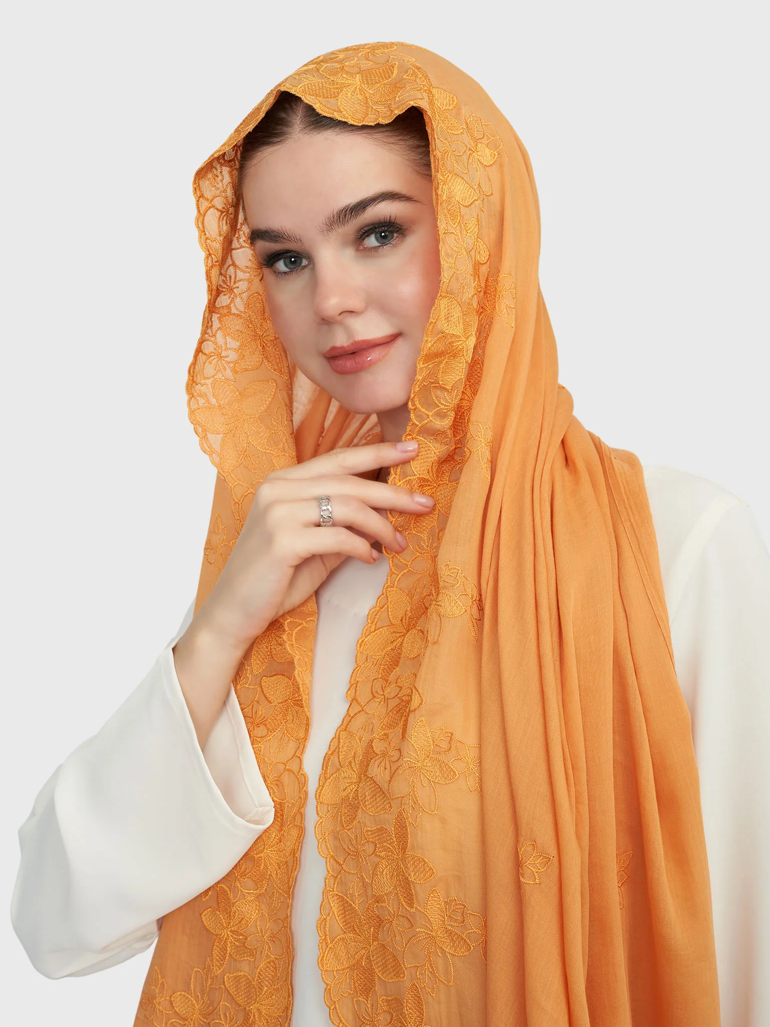 Cotton Viscose Solid Colour Hijab with Embroidered Flower (HYM101) - Image 34