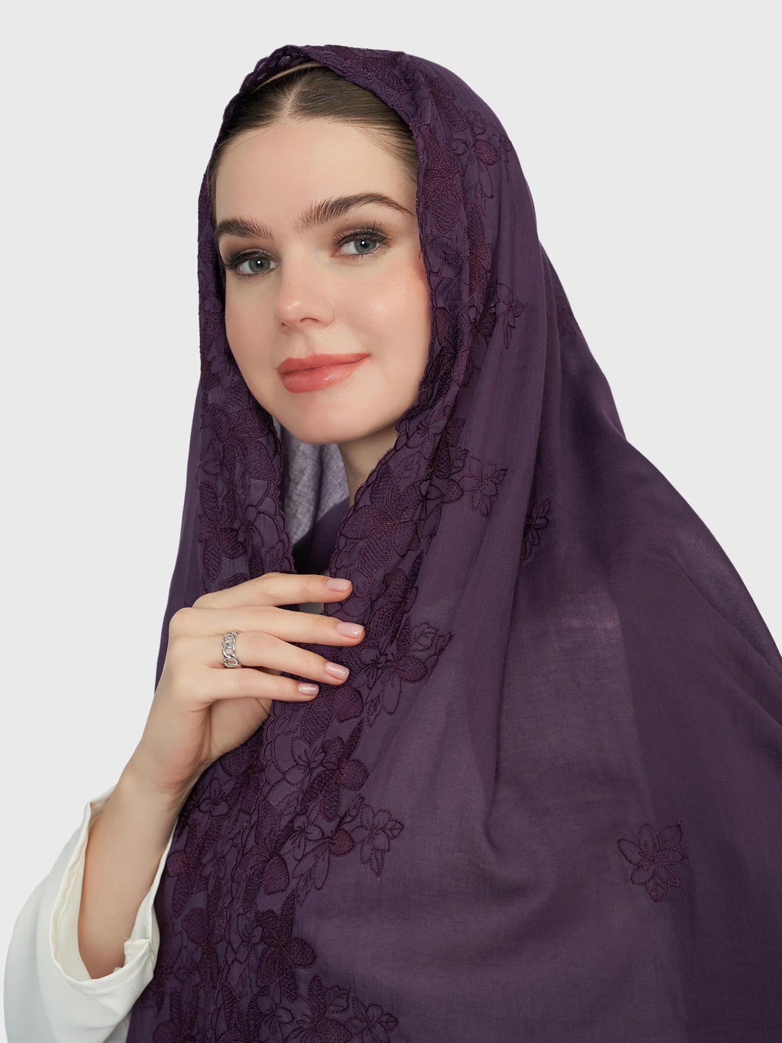 Cotton Viscose Solid Colour Hijab with Embroidered Flower (HYM101) - Image 37