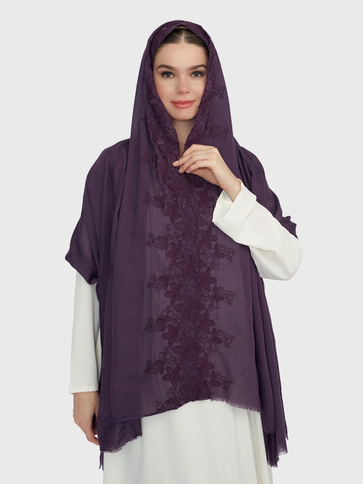 Cotton Viscose Solid Colour Hijab with Embroidered Flower (HYM101) - Image 38