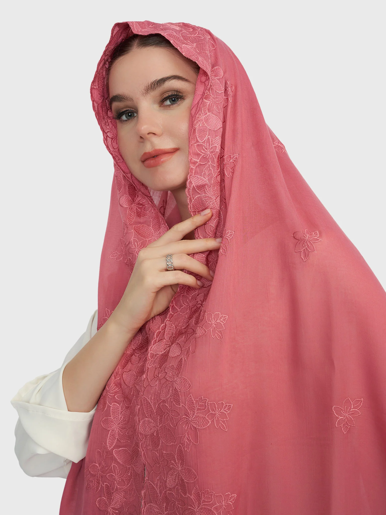 Cotton Viscose Solid Colour Hijab with Embroidered Flower (HYM101) - Image 4
