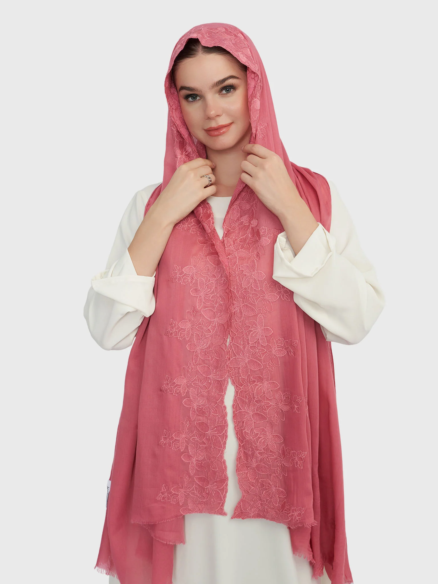 Cotton Viscose Solid Colour Hijab with Embroidered Flower (HYM101) - Image 5