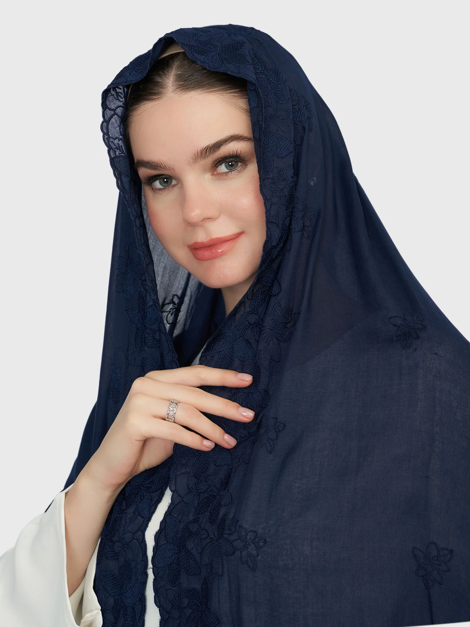 Cotton Viscose Solid Colour Hijab with Embroidered Flower (HYM101) - Image 7